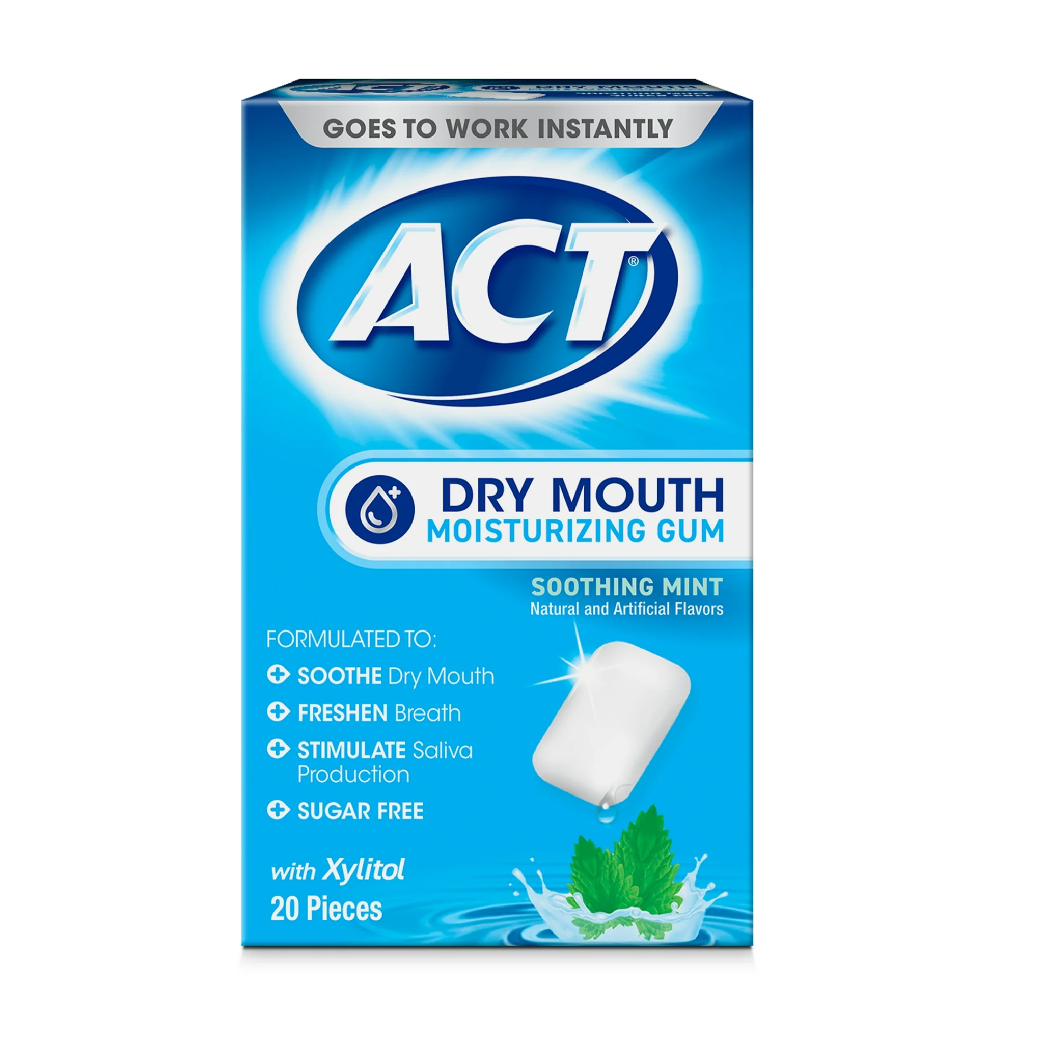 ACT, Dry Mouth Moisturizing Gum with Xylitol, Refreshing Soothing Mint Flavor, 20 ct