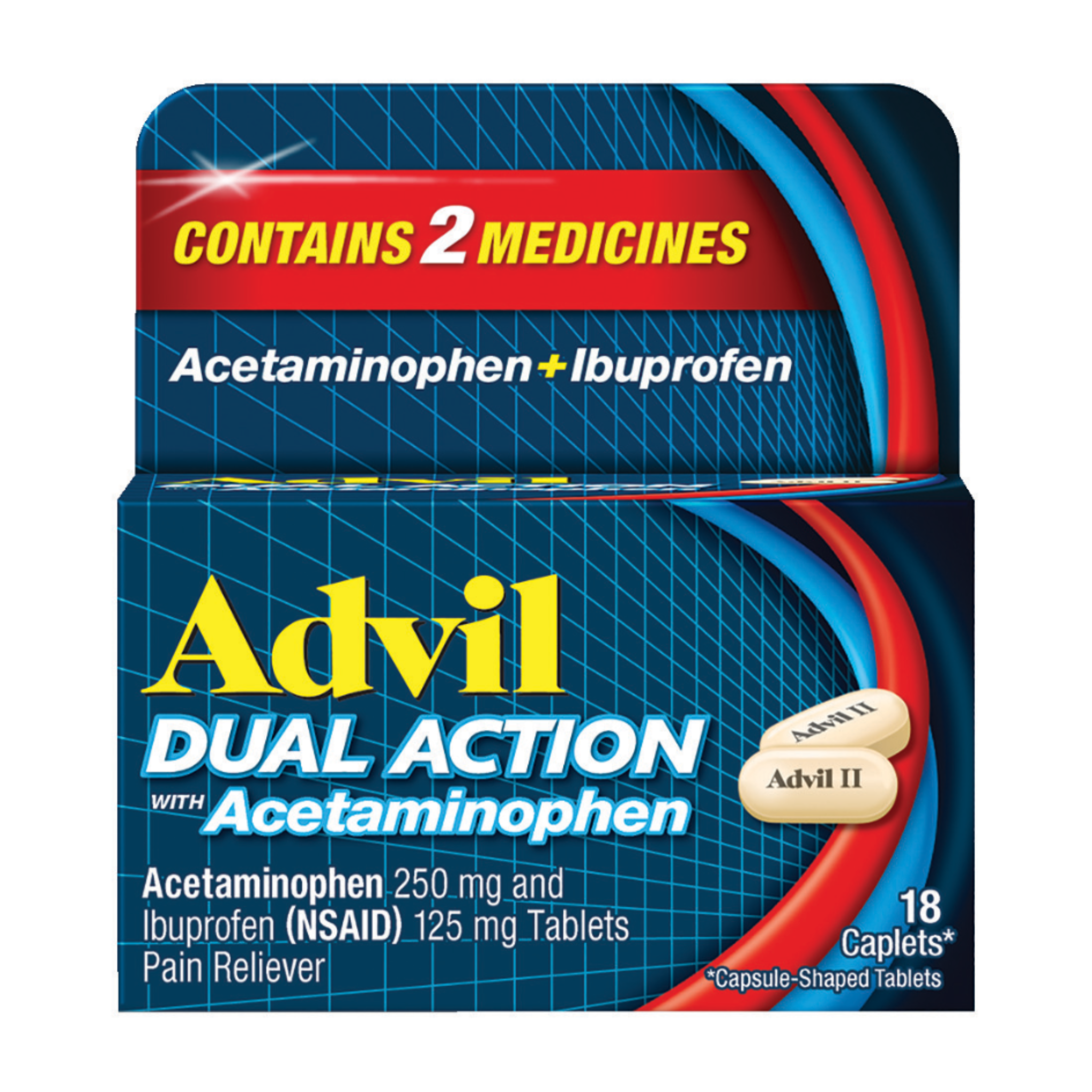 Advil, Dual Action Pain Reliever with Acetaminophen and Ibuprofen, Long-Lasting Relief in Coated Caplets, 250 mg + 125 mg, 18 Count
