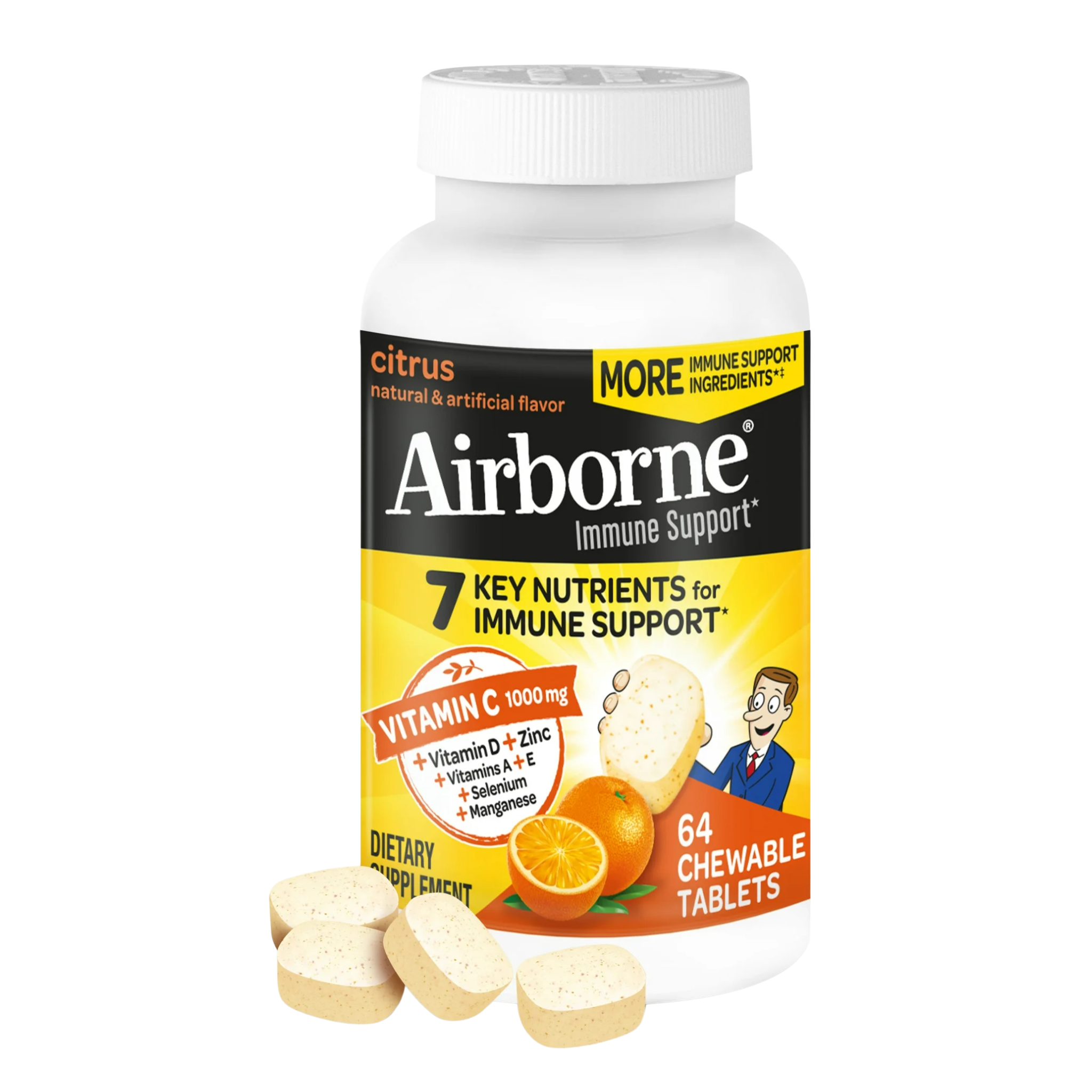 Airborne, 1000mg Vitamin C Chewable Tablets, Immune Support Multivitamin Supplement, Citrus Flavor, 64 Ct