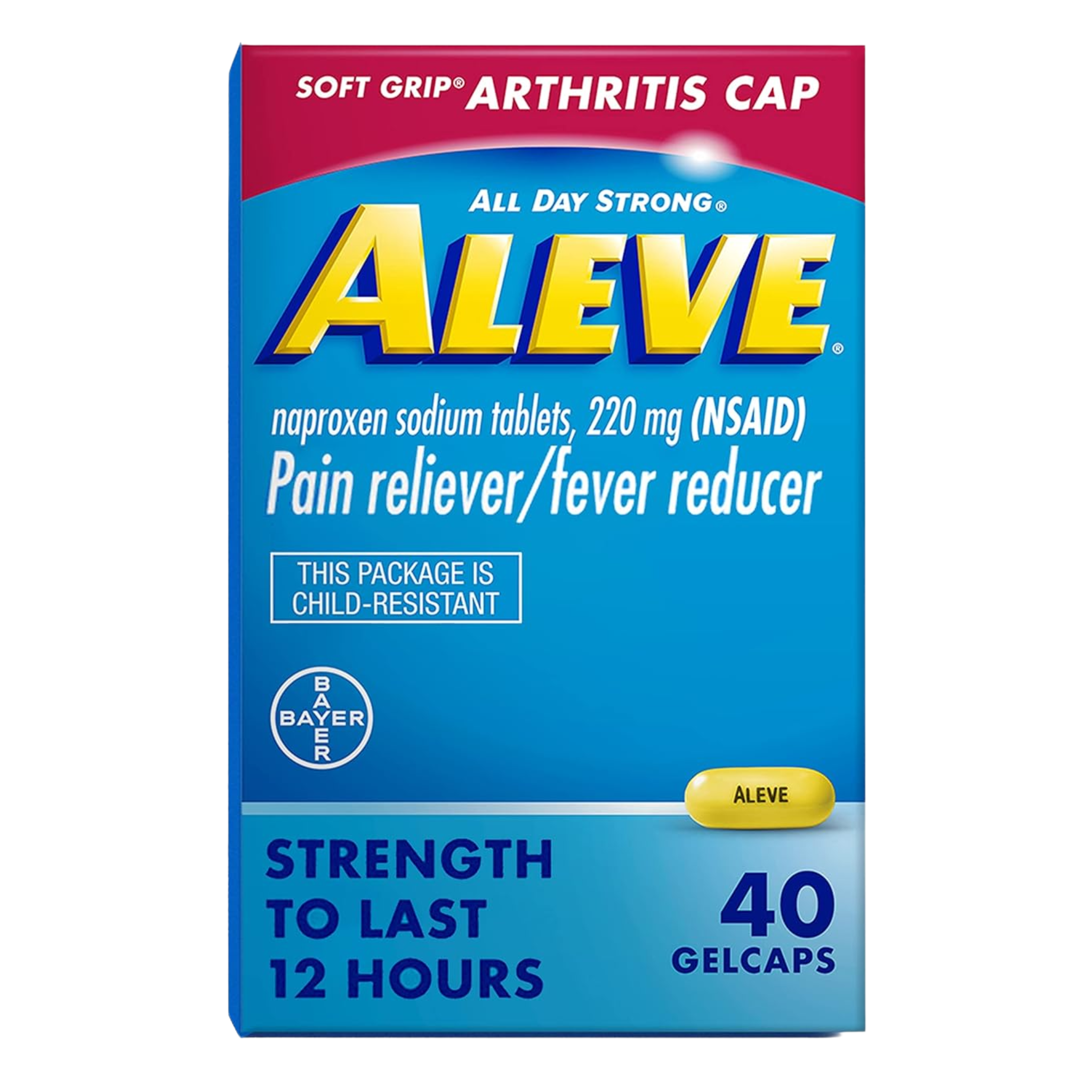 Aleve, Gelcaps with Soft Grip Cap, Naproxen Sodium Pain Relief Medicine for Long-Lasting Comfort, 40 Count