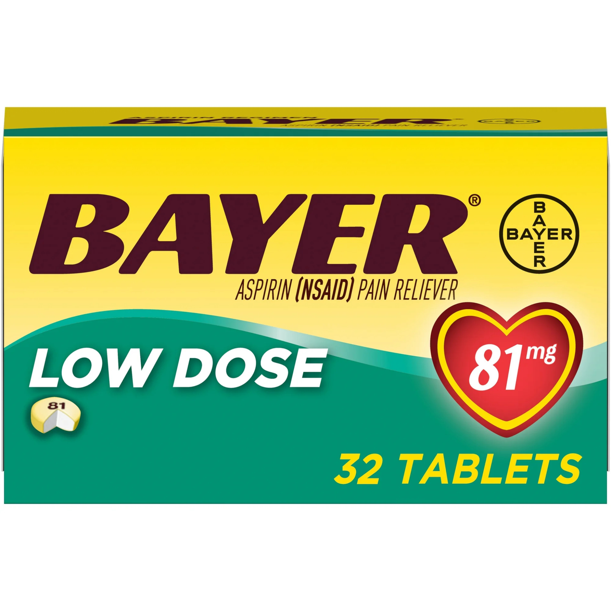 Aspirin Regimen Bayer Low Dose Pain Reliever Enteric Coated Tablets, 81mg, 32 Count - Pharmaful