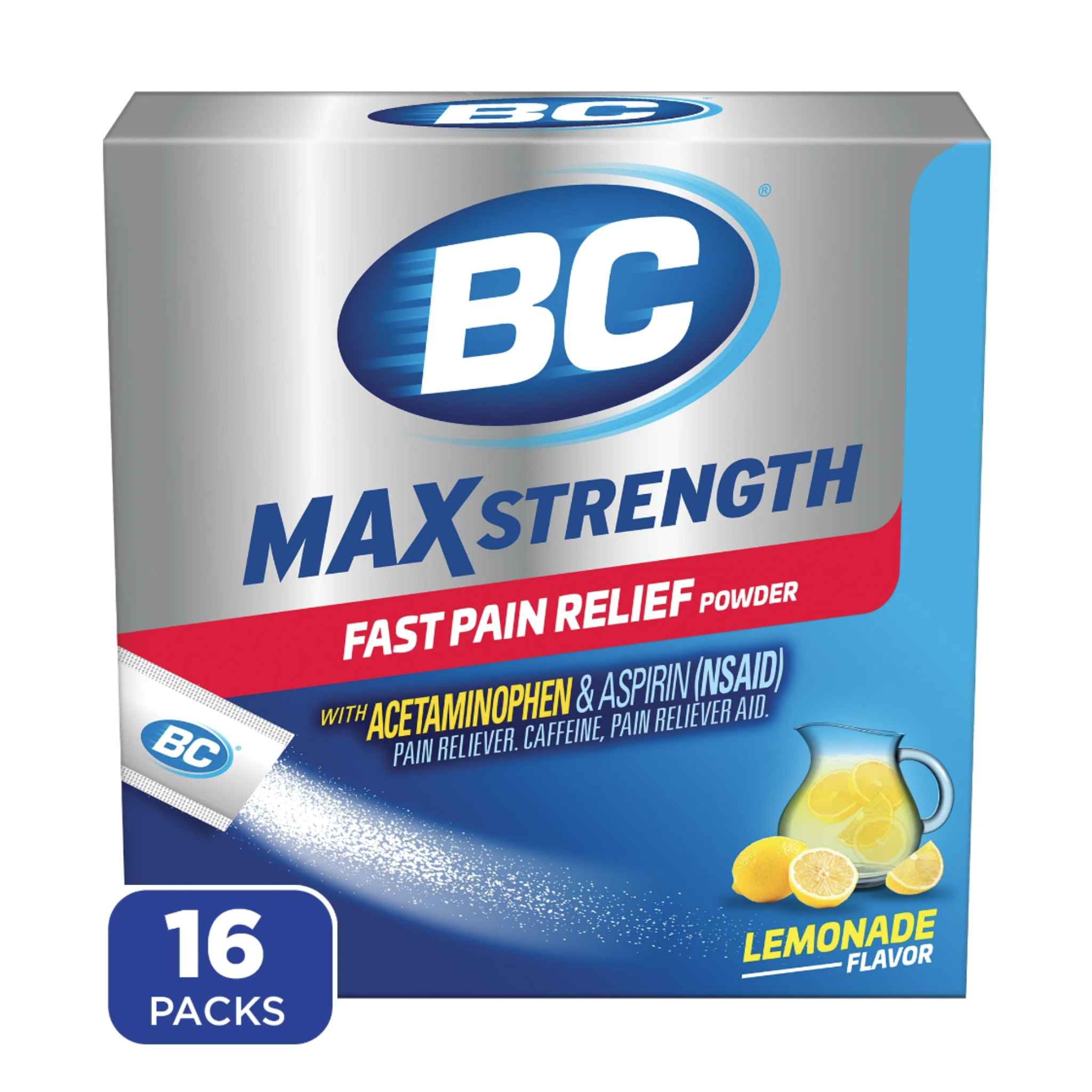 BC MAX Strength Fast Pain Relief Powder, Lemonade Drink Mix, Aspirin & Acetaminophen, 16 Count - Pharmaful