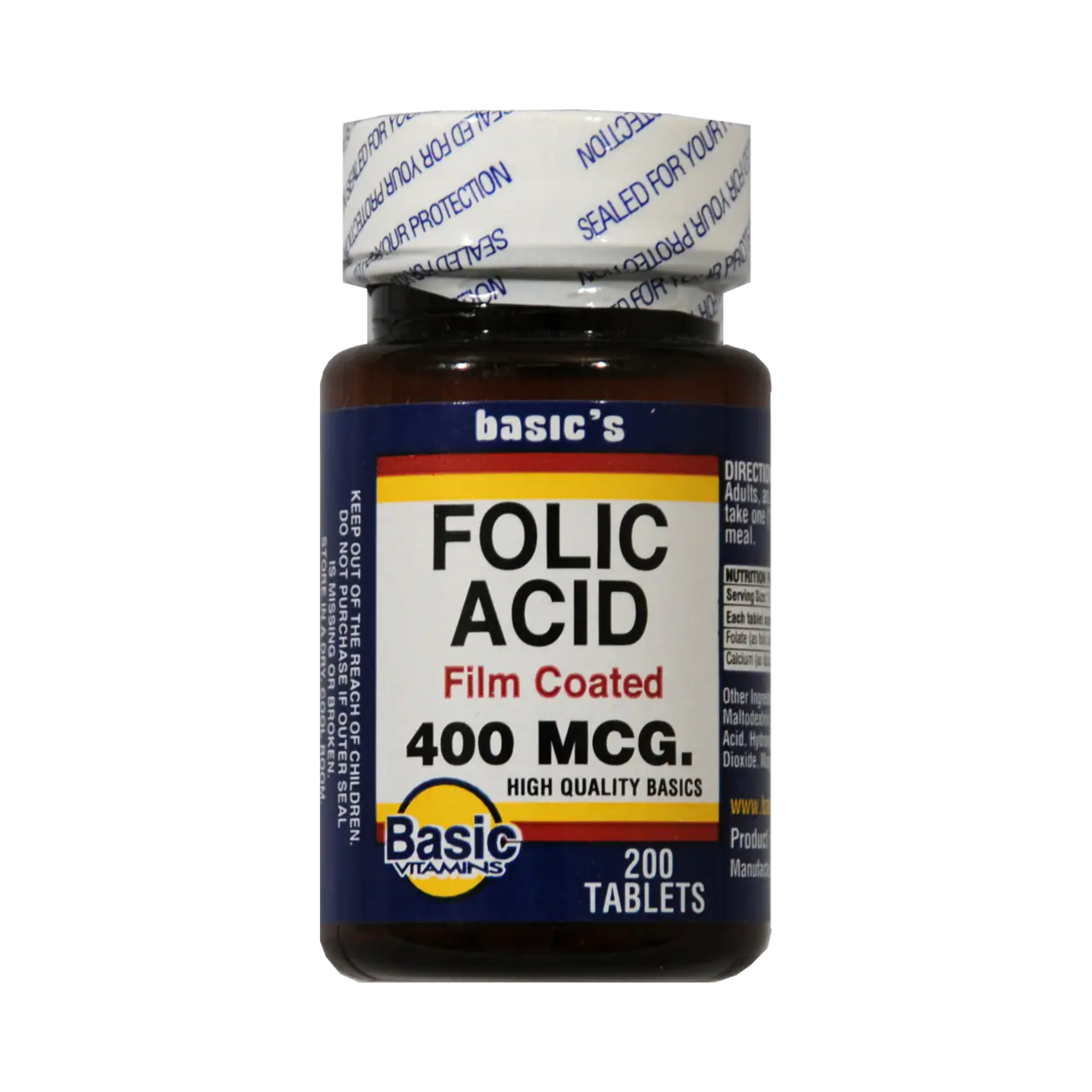 Basic, Folic Acid Film Coated Tablets, 400 Mcg for Health Support, 200 Tablets
