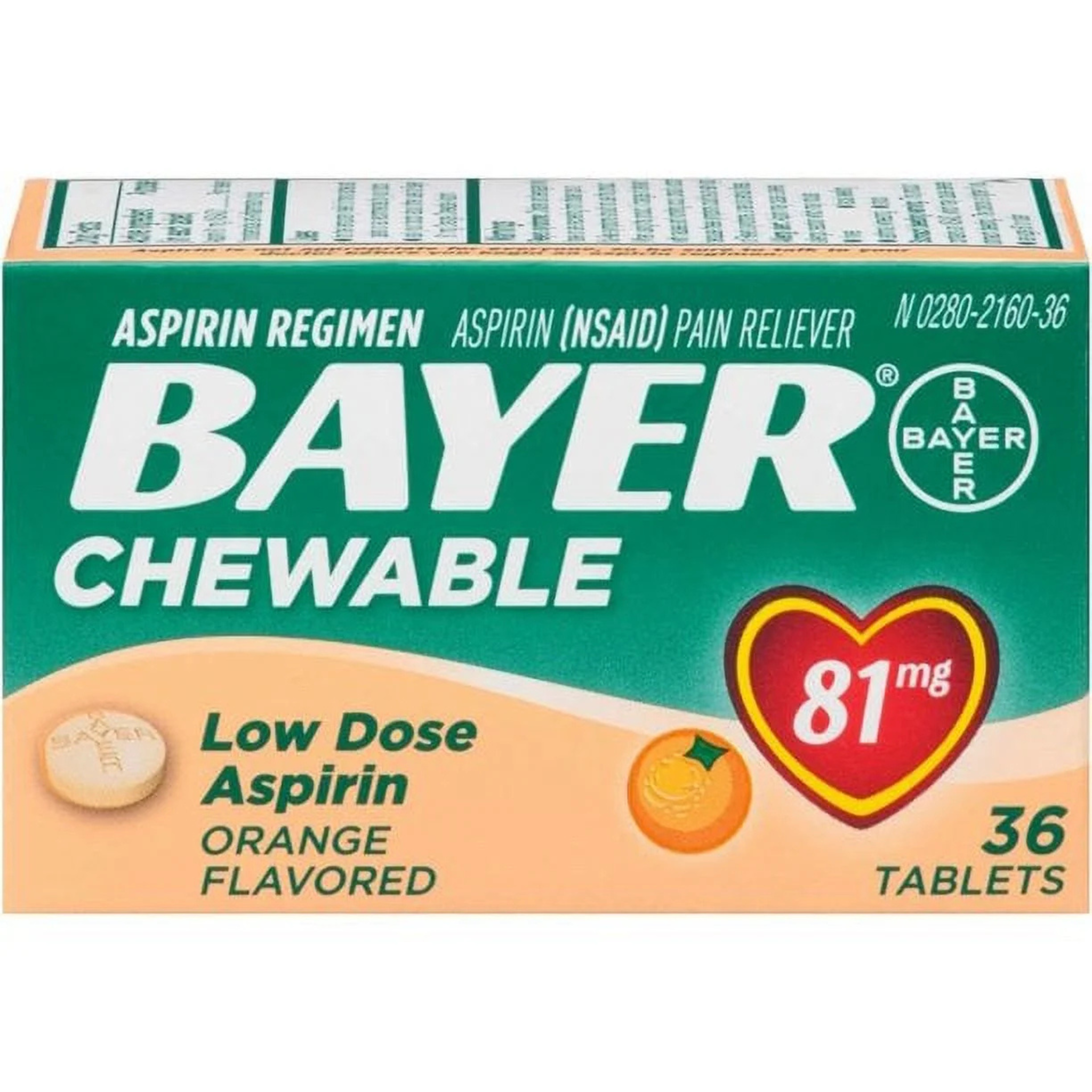Bayer Chewable Low Dose Aspirin, 81 mg Tablets, Orange 36 each - Pharmaful