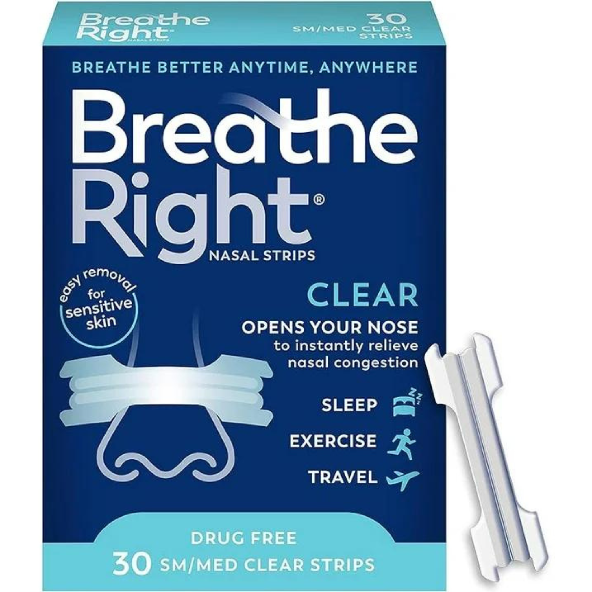 Breathe Right Original Nasal Strips, Clear Nasal Strips, Small/ Medium, for Sensitive Skin, Help Stop Snoring, Drug-Free Snoring Solution & Nasal Congestion Relief Caused By Colds & Allergies, 30 Ct. - Pharmaful
