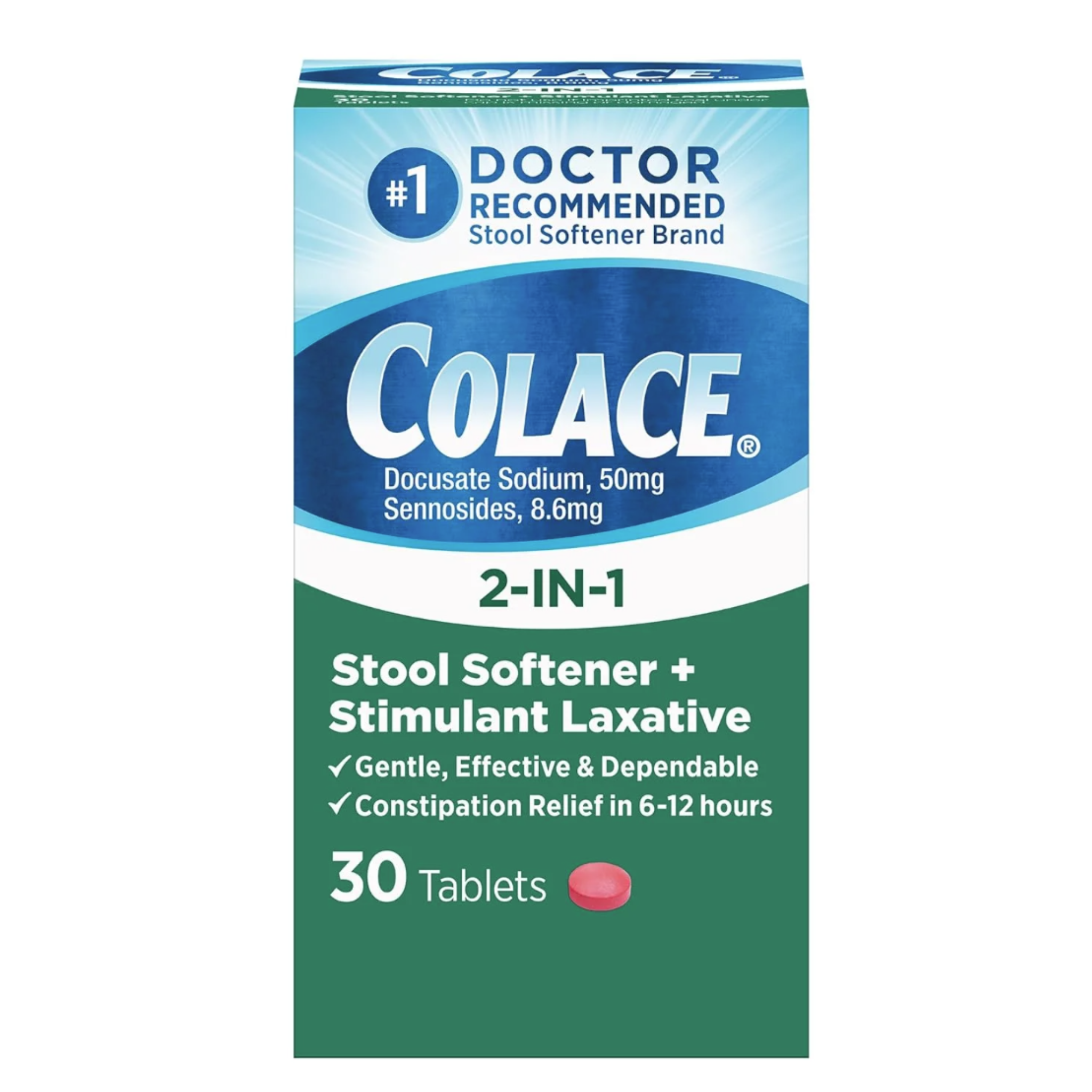 Colace 2-In-1 Stool Softener & Stimulant Laxative Tablets Constipation Relief (6-12 Hours) 30 Count