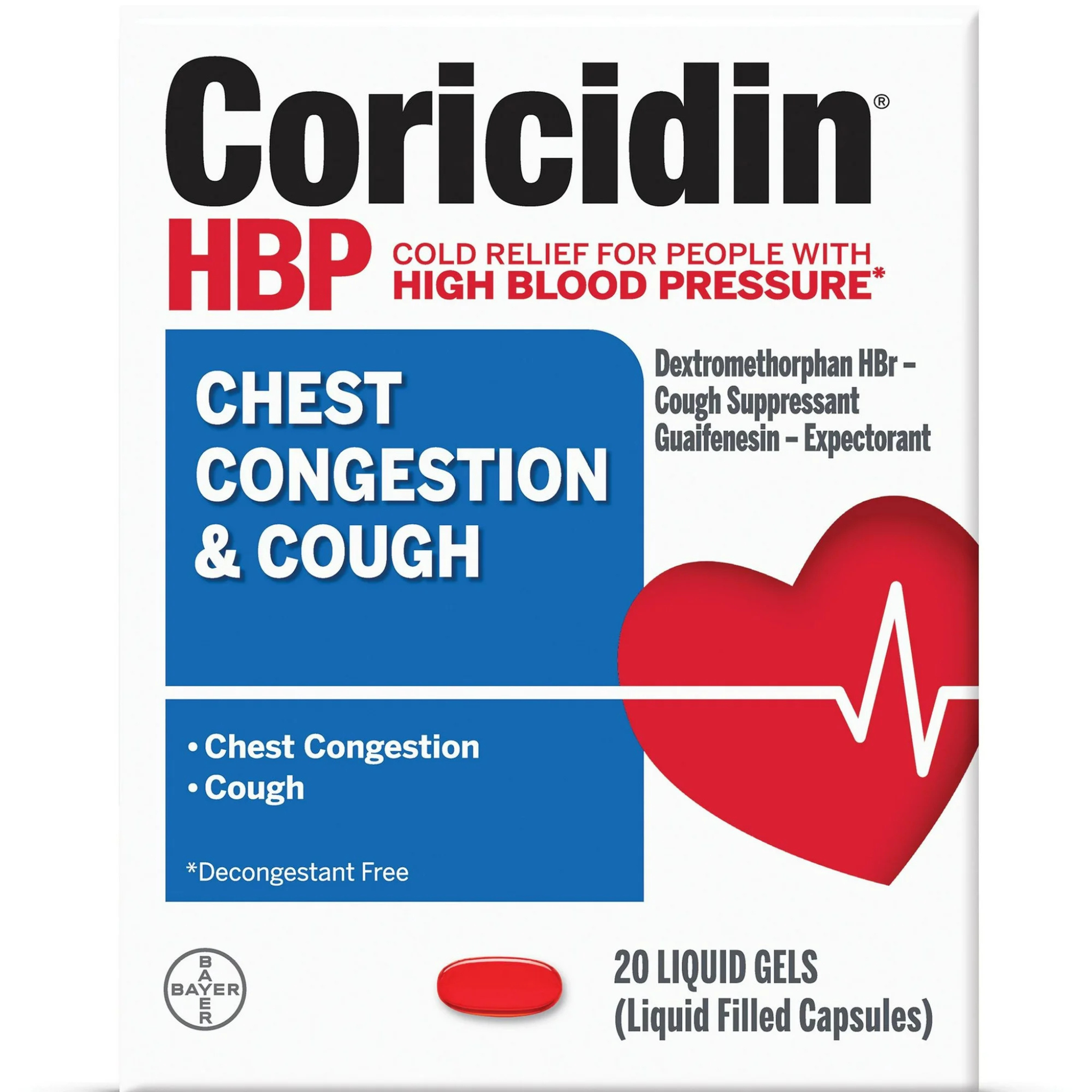 Coricidin HBP Chest Congestion & Cough Medicine, Liquid Gels, 20 Ct - Pharmaful