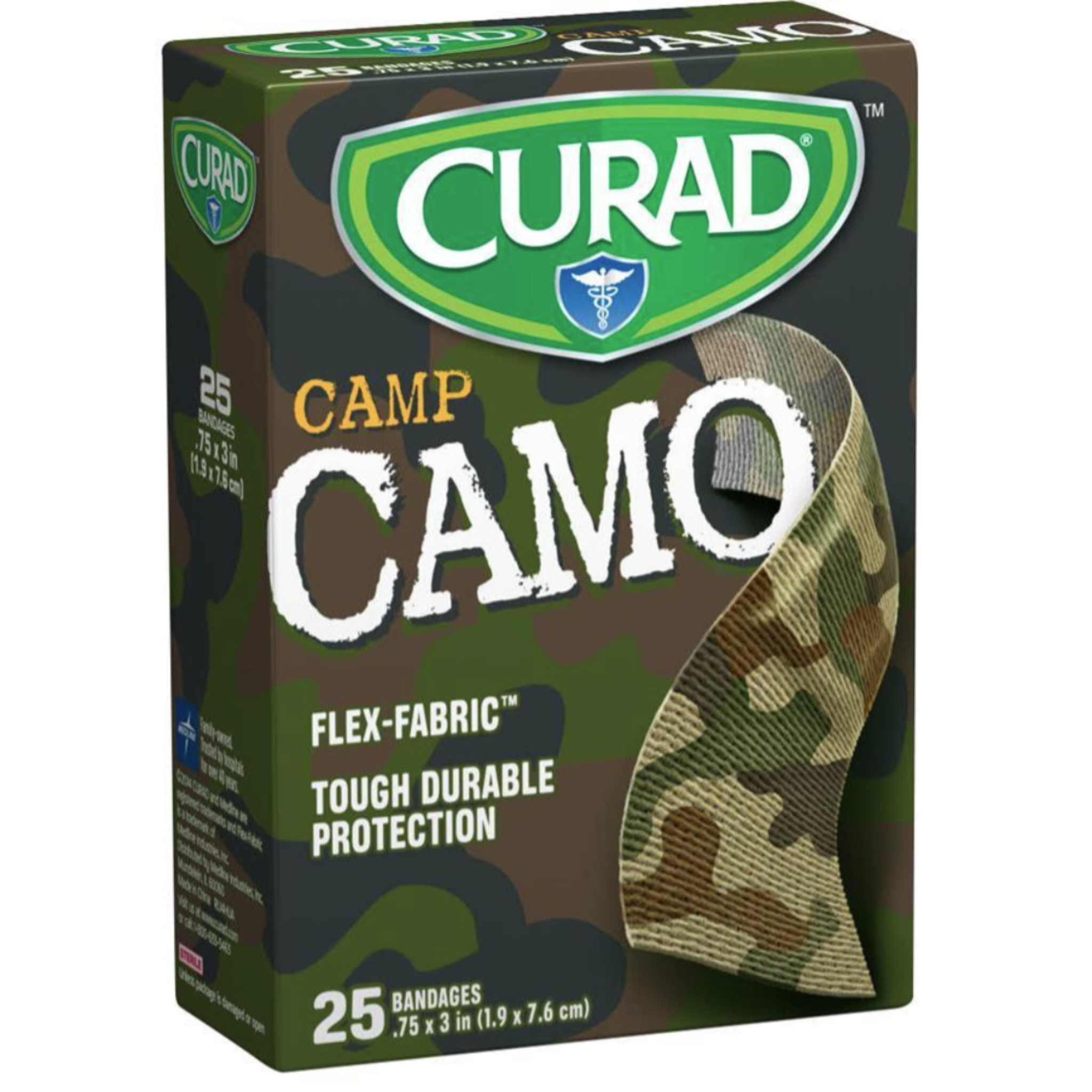 Curad, Fabric Camo Bandages, Durable and Stylish Protection, Green, 25/Box - Pharmaful