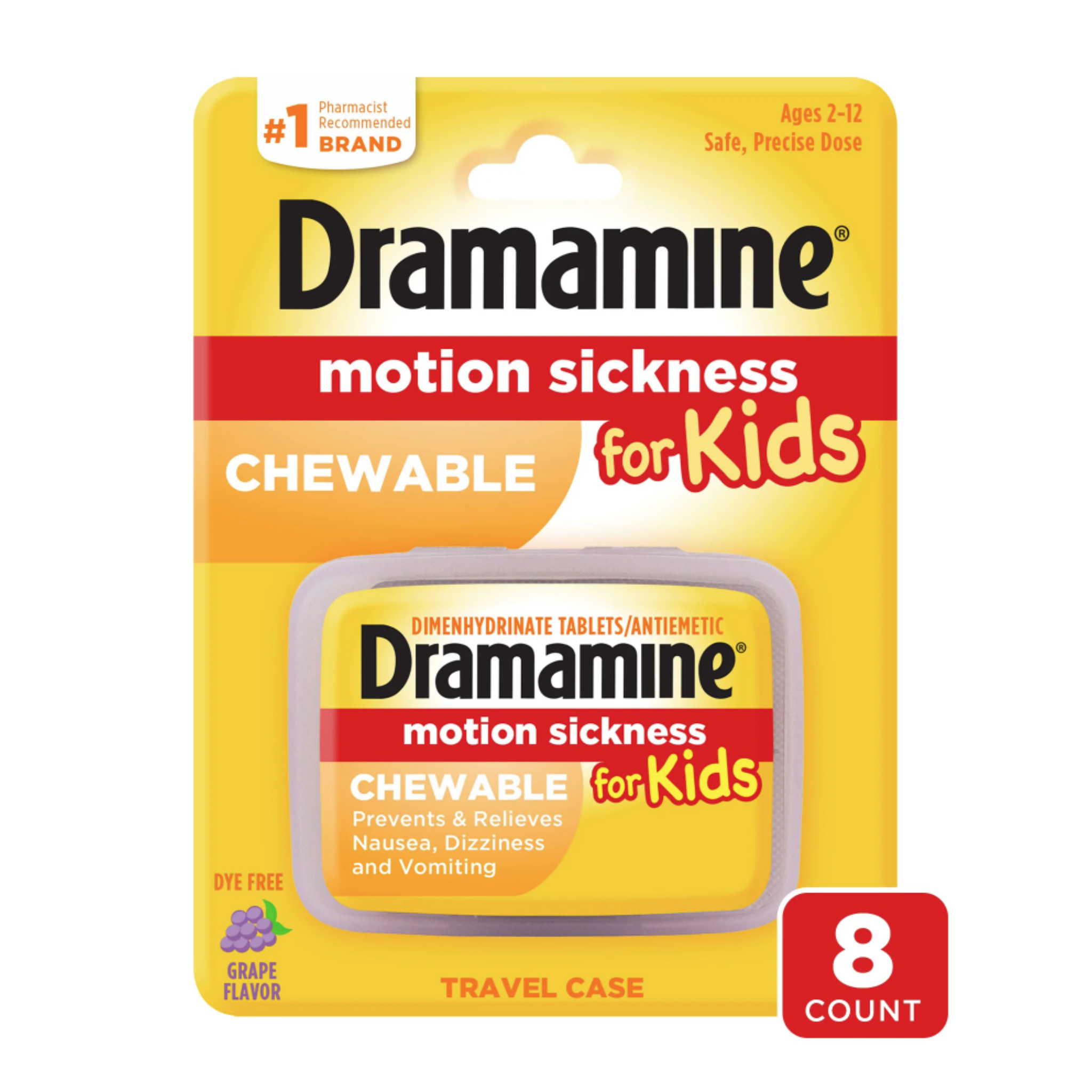 Dramamine Kids Chewable, Motion Sickness Relief, Grape Flavor, 8 Count - Pharmaful