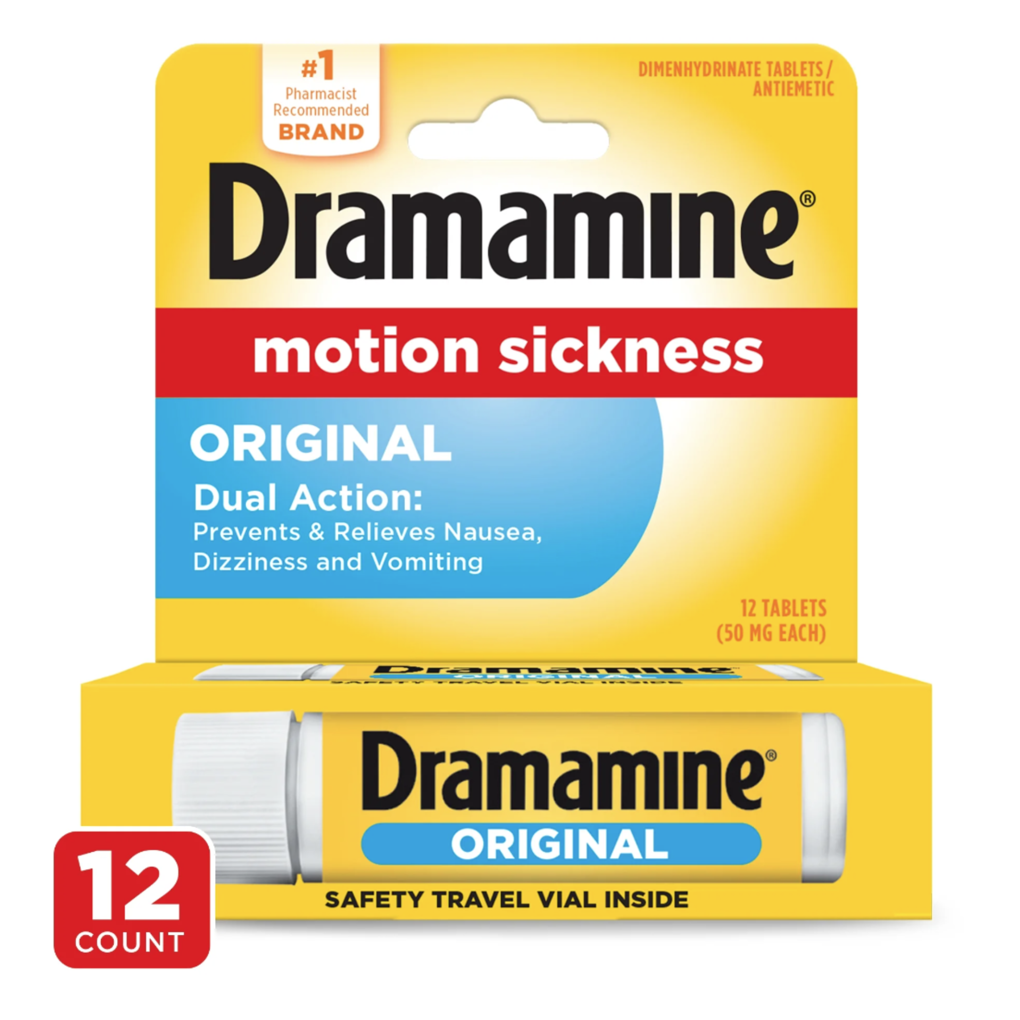 Dramamine Original, Motion Sickness Relief, Sensitive Stomach Travel Vial, 12 Count - Pharmaful