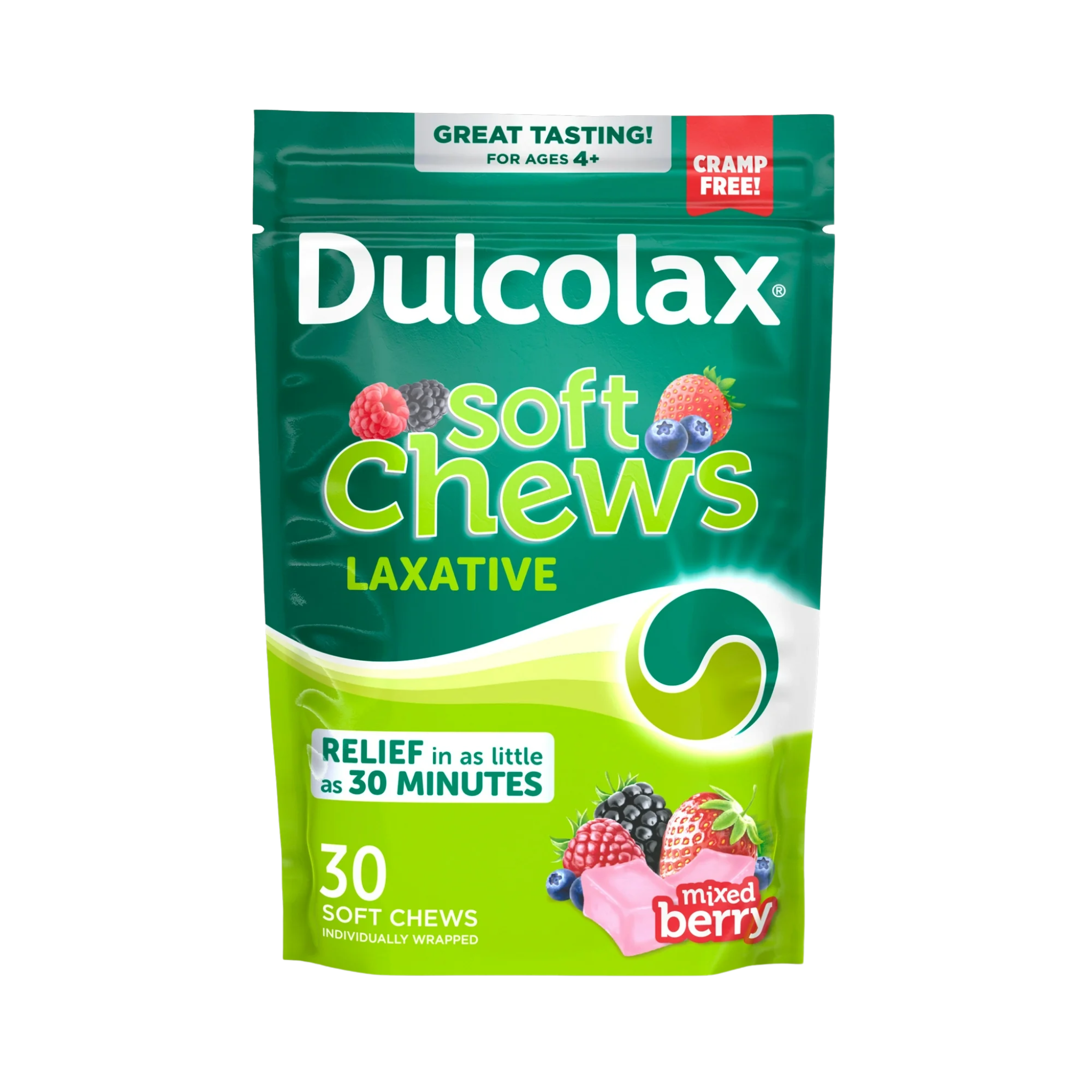 Dulcolax, Saline Laxative Soft Chews, Fast-Acting and Gentle Constipation Relief, Mixed Berry Flavor with Magnesium Hydroxide, 30 Count