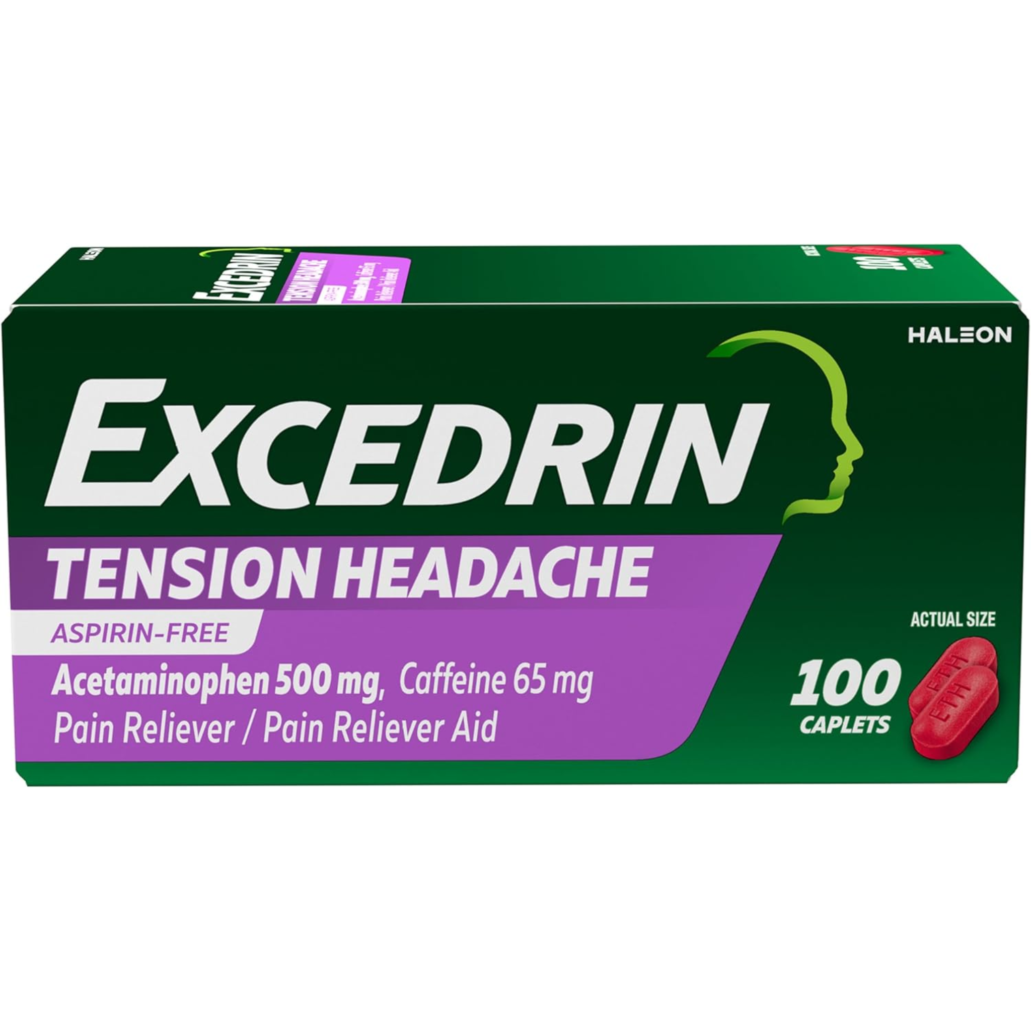 Excedrin, Tension Headache Relief Caplets, Fast-Acting Pain Relief with Caffeine and Acetaminophen, Aspirin-Free, 100 Count
