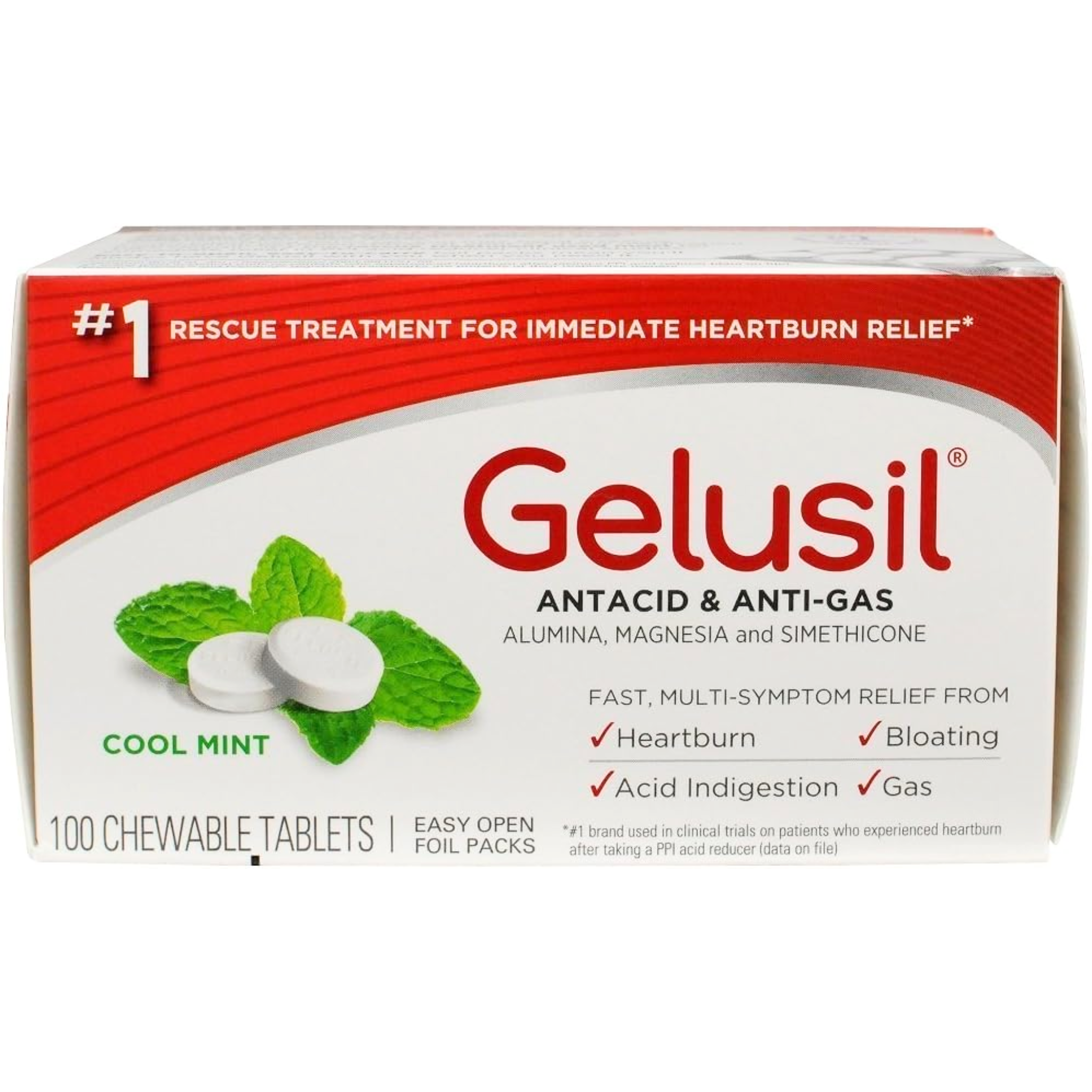 Gelusil, Antacid and Anti-Gas Chewable Tablets, Mint Flavor for Fast and Multi-Symptom Relief, 100 Count