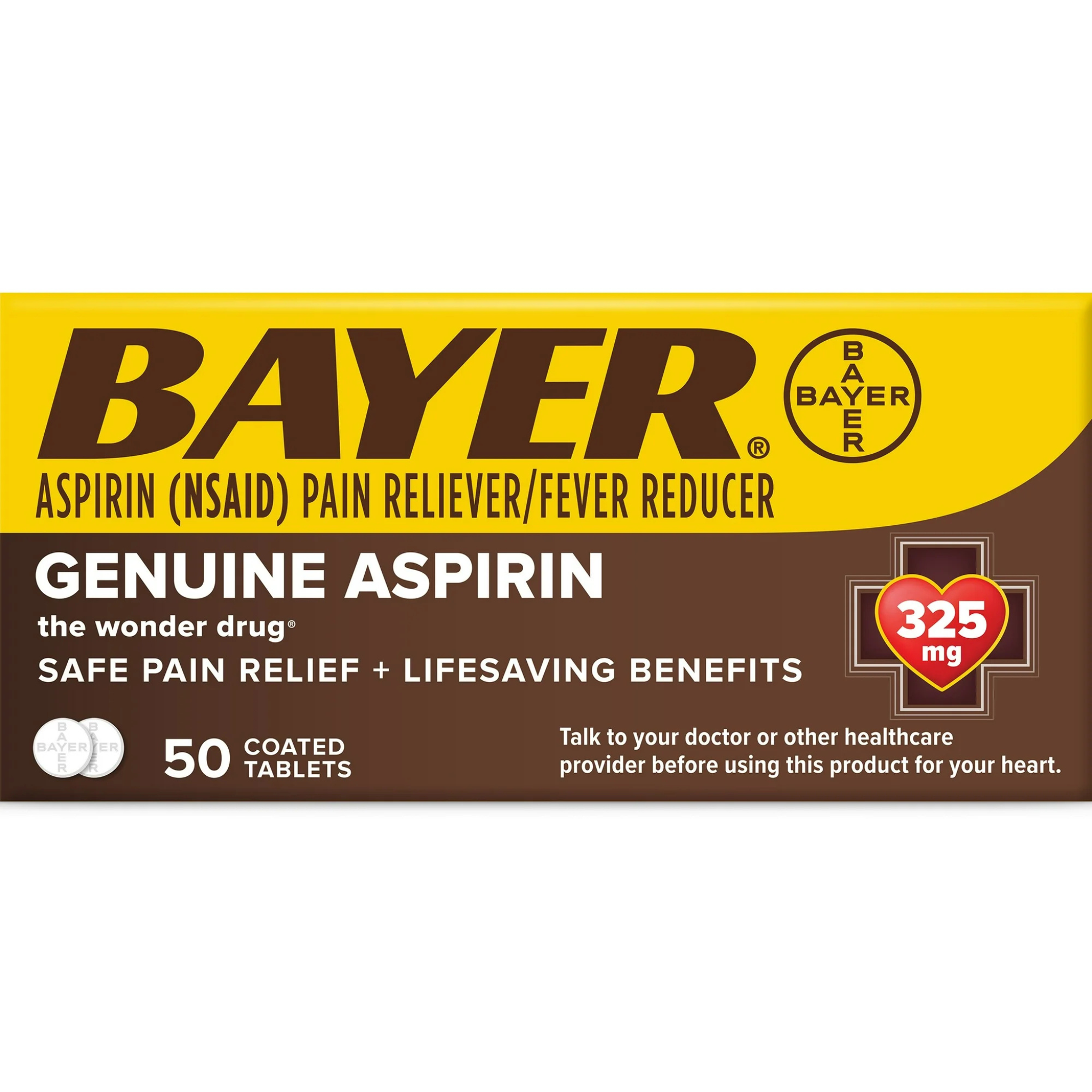 Genuine Bayer Aspirin Pain Reliever / Fever Reducer 325mg Coated Tablets, 50 Count - Pharmaful