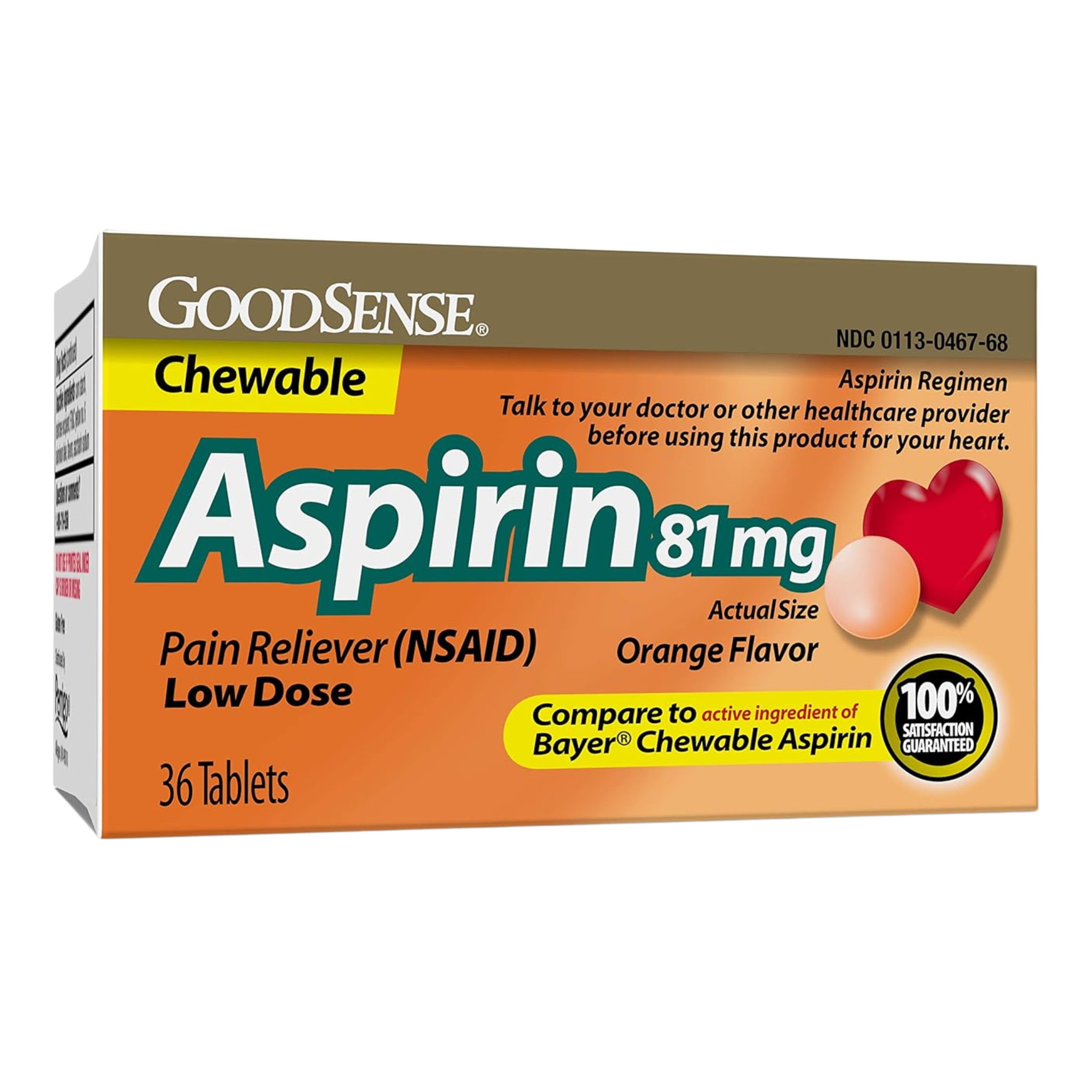 GoodSense, Aspirin Chewable Tablets, Low Dose Pain Reliever with Orange Flavor, 81 mg, 36 Count