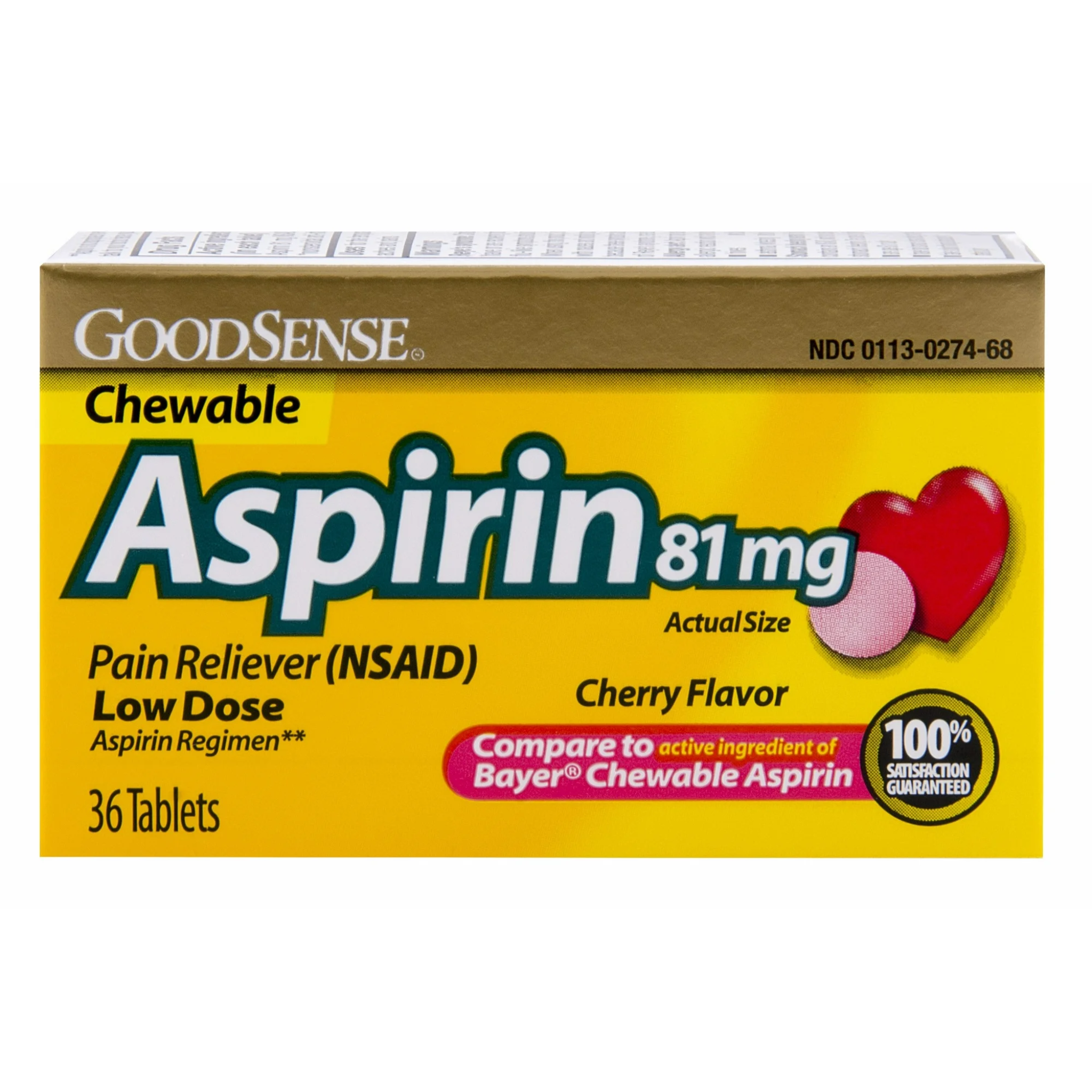 GoodSense, Aspirin Pain Reliever, Chewable Tablets with Cherry Flavor and Low Dose Support, 81 mg, 36 Count
