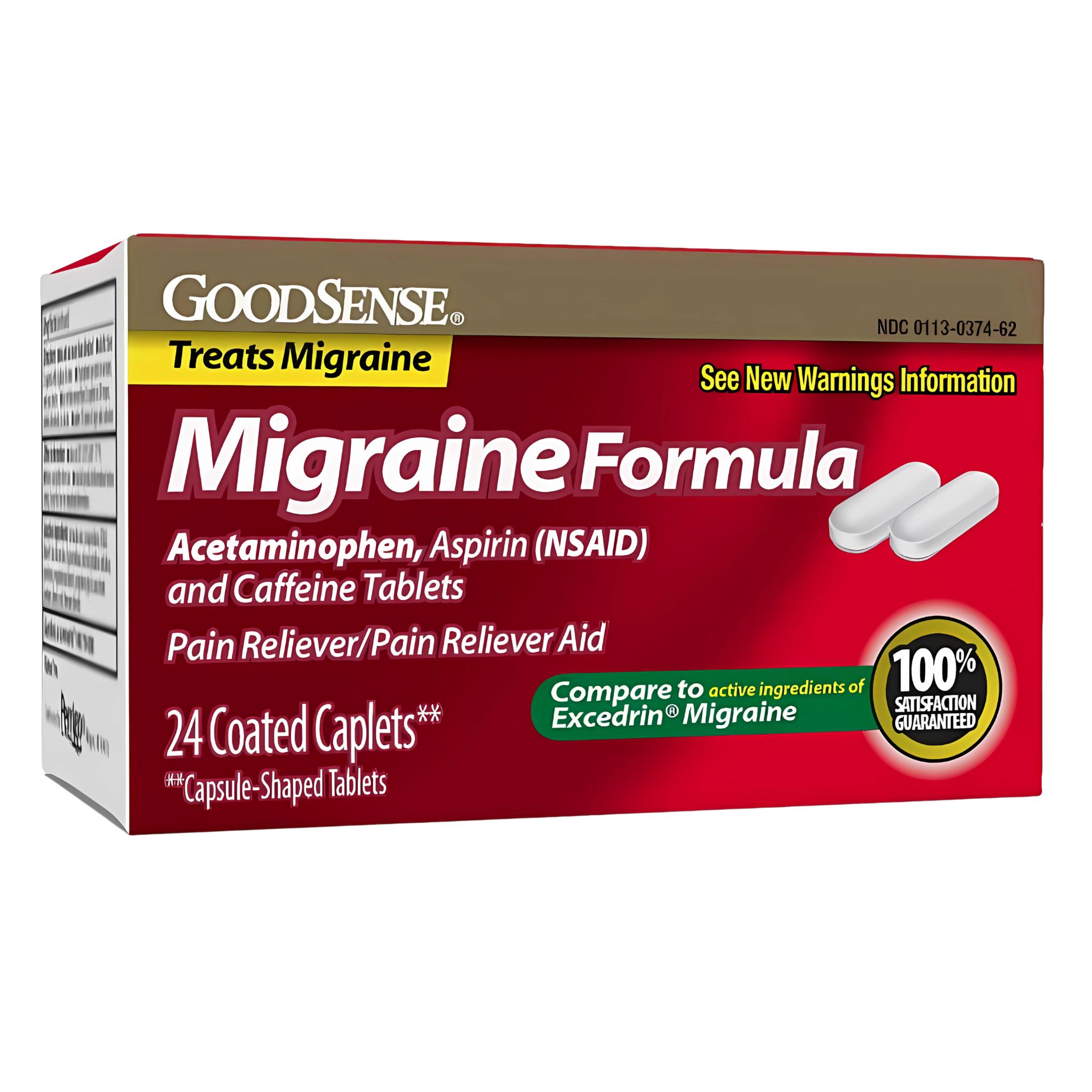 GoodSense, Migraine Formula Caplets, Acetaminophen, Aspirin (NSAID) and Caffeine Tablets for Fast-Acting Headache Relief, 24 Count