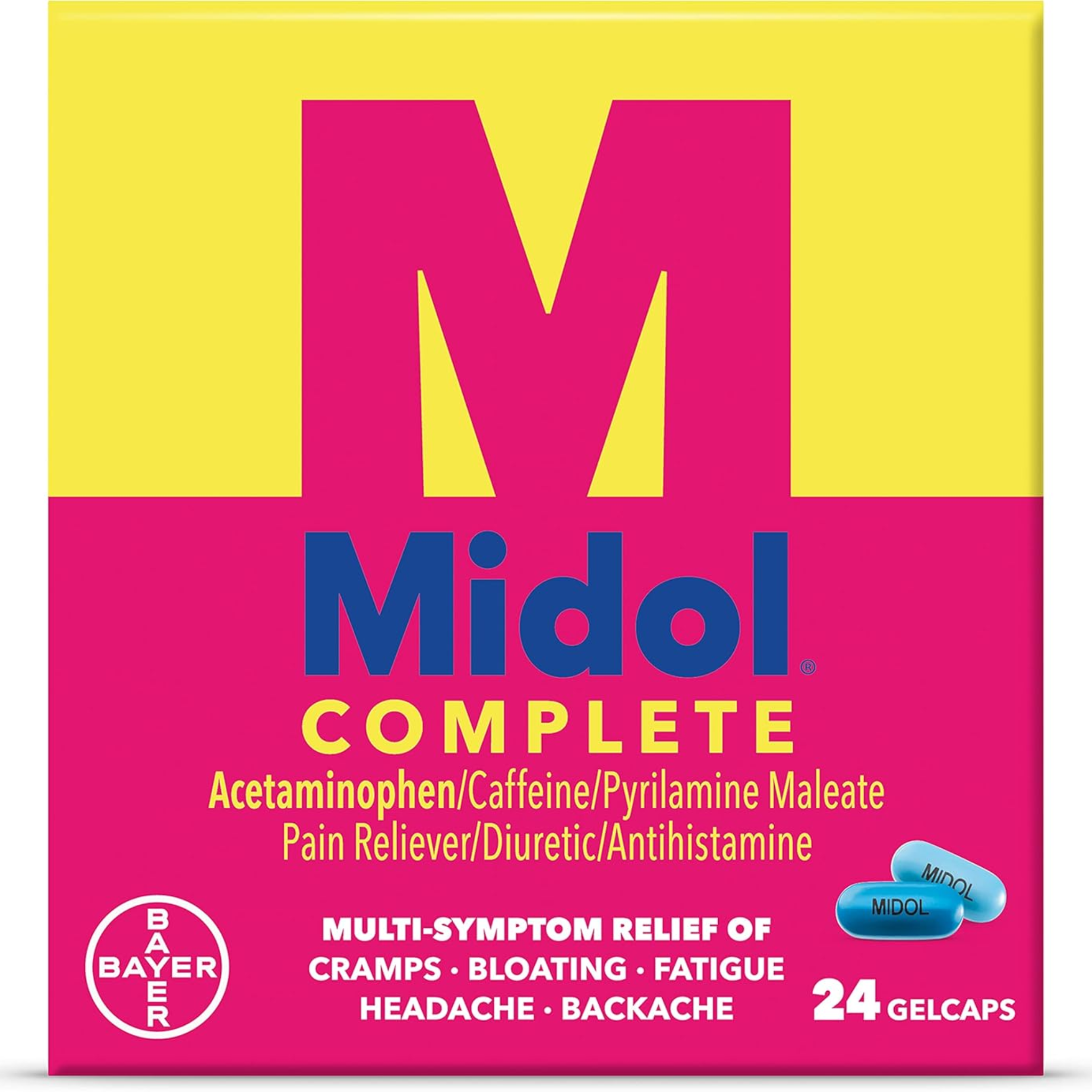 Midol, Complete Menstrual Pain Relief Gelcaps, Acetaminophen with Caffeine and Pyrilamine for PMS Relief and Period Cramp Support, 24 Count