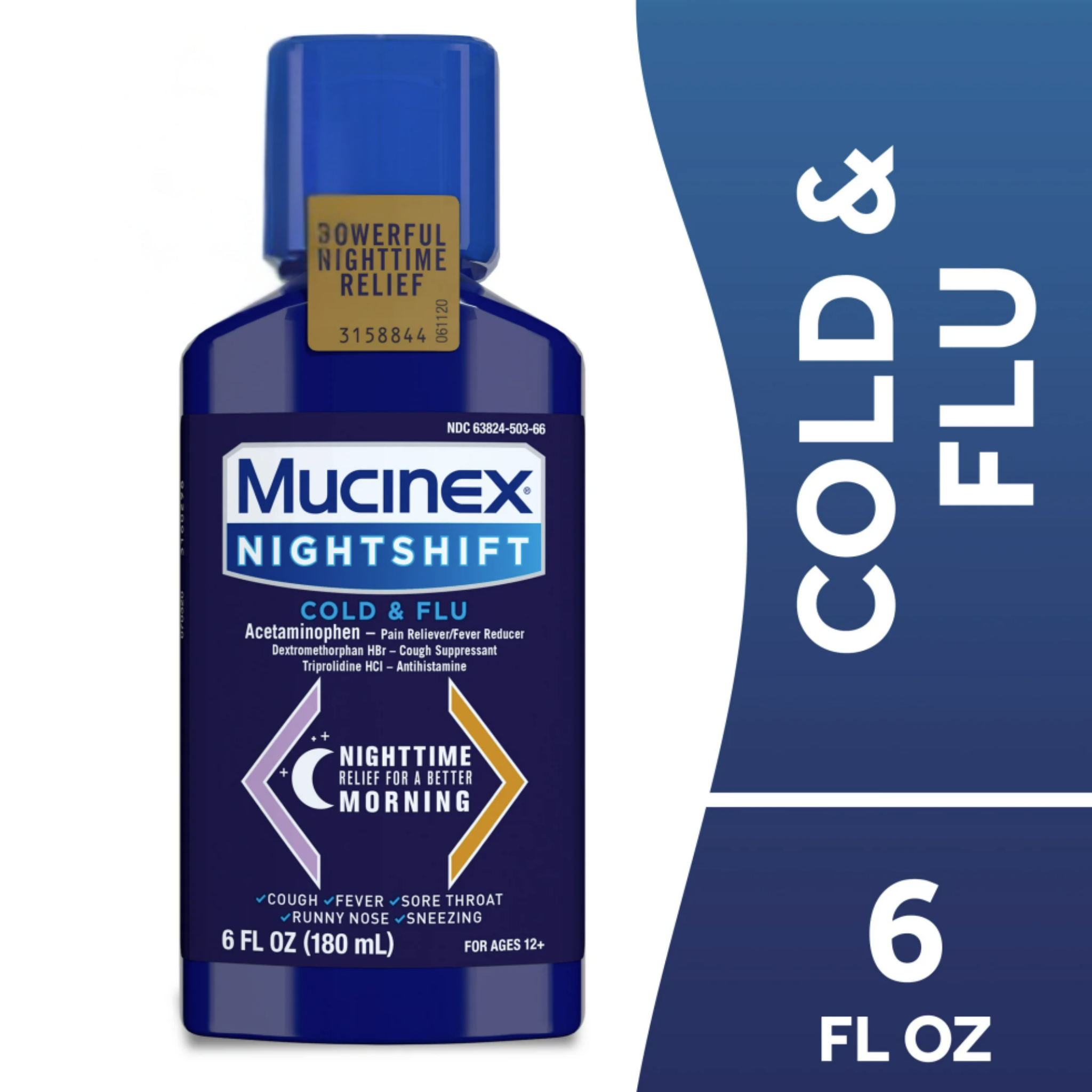 Mucinex Nightshift Cold and Flu Medicine, Fever Reducer, OTC Nighttime Cough Relief, 6 fl oz - Pharmaful