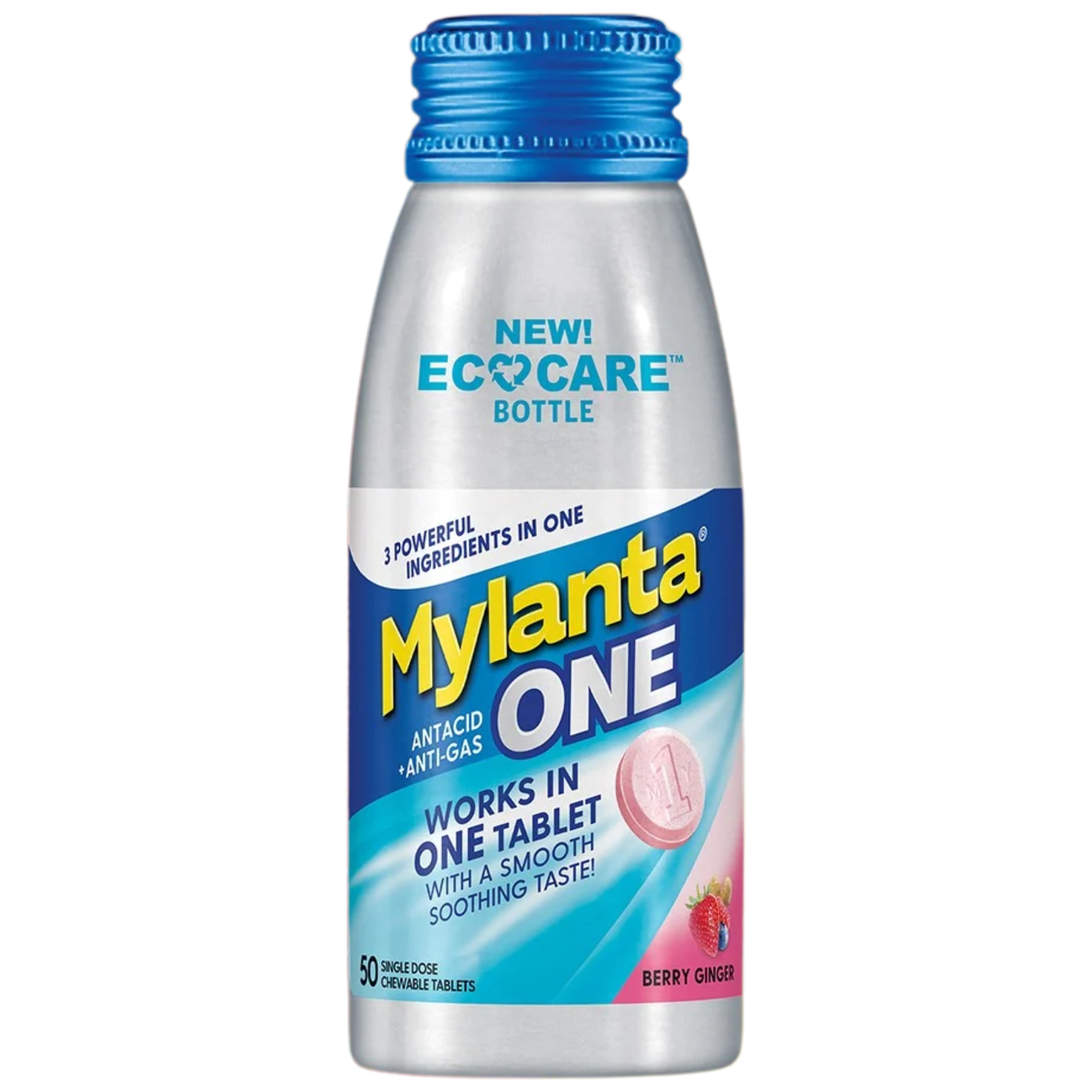 Mylanta, Chewable Antacid Tablets, Over-the-Counter Relief with Berry Ginger Flavor and Eco-Care Bottle, 50 Count