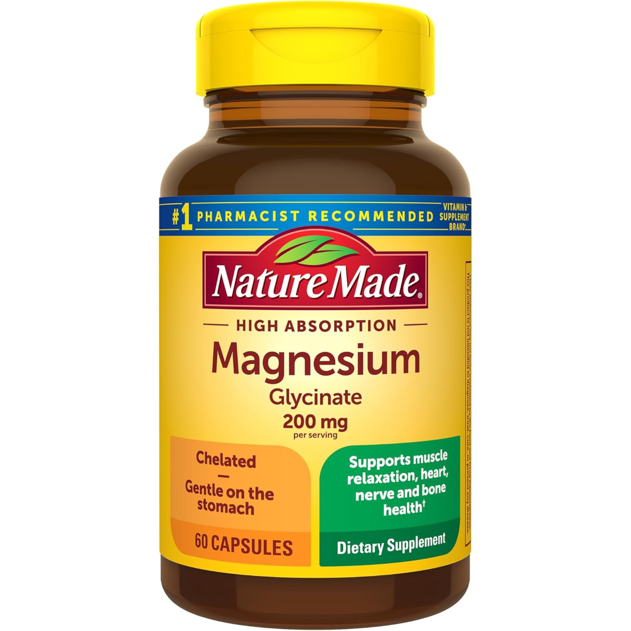 Nature Made, Magnesium Glycinate Capsules, Magnesium Supplement for Muscle, Heart, Nerve and Bone Health with Gentle Absorption, 60 Count