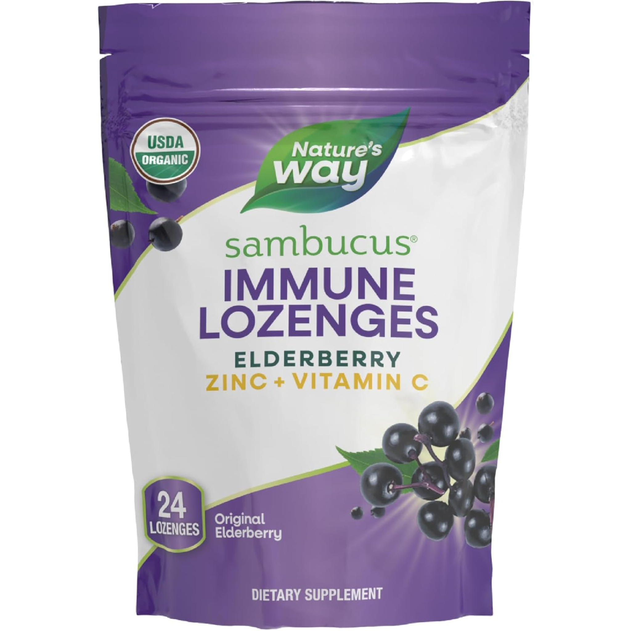Nature's Way, Sambucus Immune Lozenges, Zinc, Vitamin C, Elderberry, USDA Organic Immune Support with Honey Lemon Flavor, 24 Lozenges