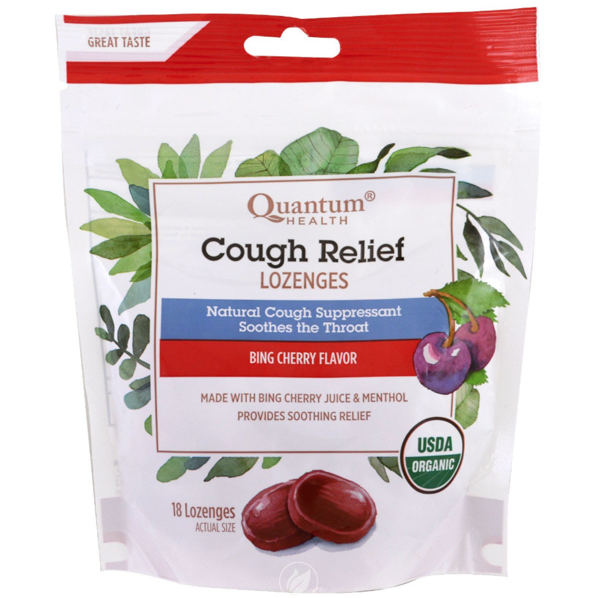 Quantum Health Cough Relief Organic Bagged Lozenges Bing Cherry 18 Count - Pharmaful