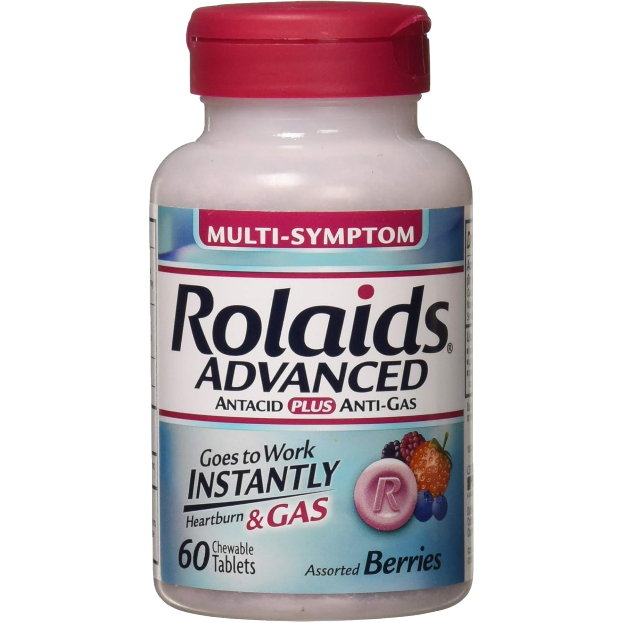 Rolaids, Advanced Antacid Plus Anti-Gas Tablets, Fast-Acting Relief with Mixed Berry Flavor, 60 Count