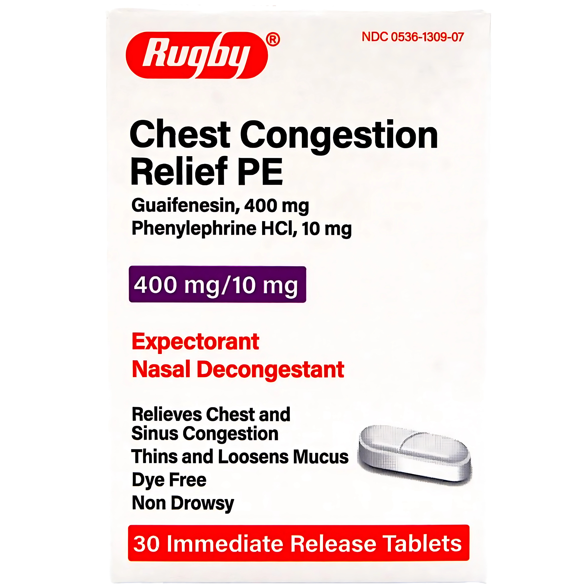 Rugby, Chest Congestion Relief PE Tablets, Guaifenesin and Phenylephrine HCl for Mucus and Sinus Pressure, Effective Respiratory Support, 30 Count