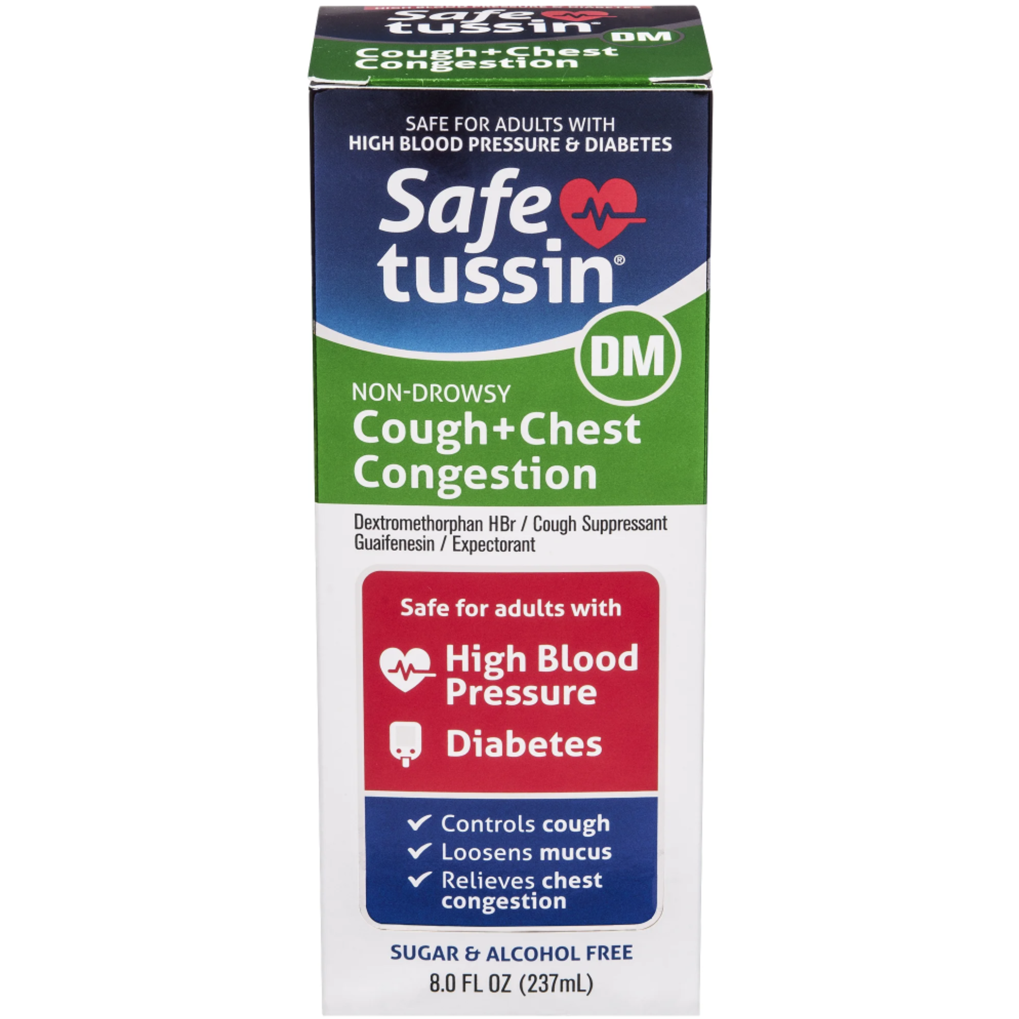 Safetussin DM Cough+Chest Congestion, Cough and Cold, for High Blood Pressure & Diabetes, 8 oz - Pharmaful