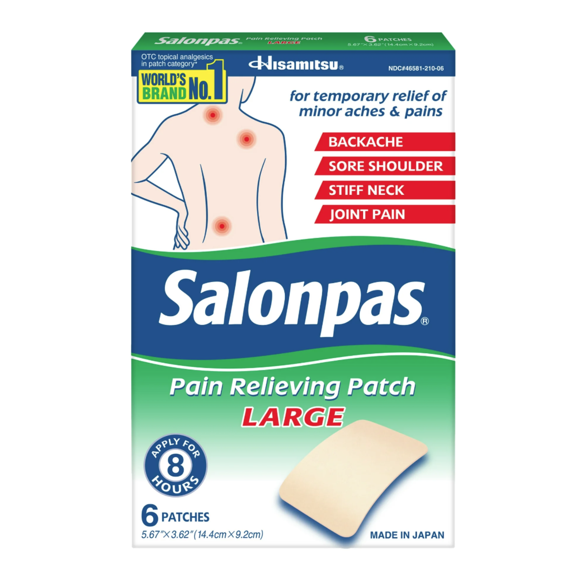 Salonpas 8 Hour Pain Relief Patch with Camphor 3.1% & Menthol 6% for Back & Muscles, Large, 6 Count - Pharmaful
