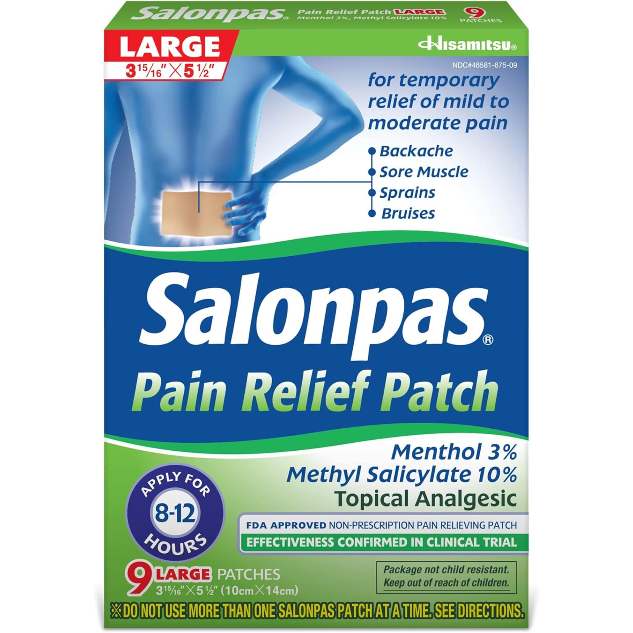 Salonpas, Large Pain Relief Patch, Long-Lasting Pain Relief for Muscles & Joints, 9 Count