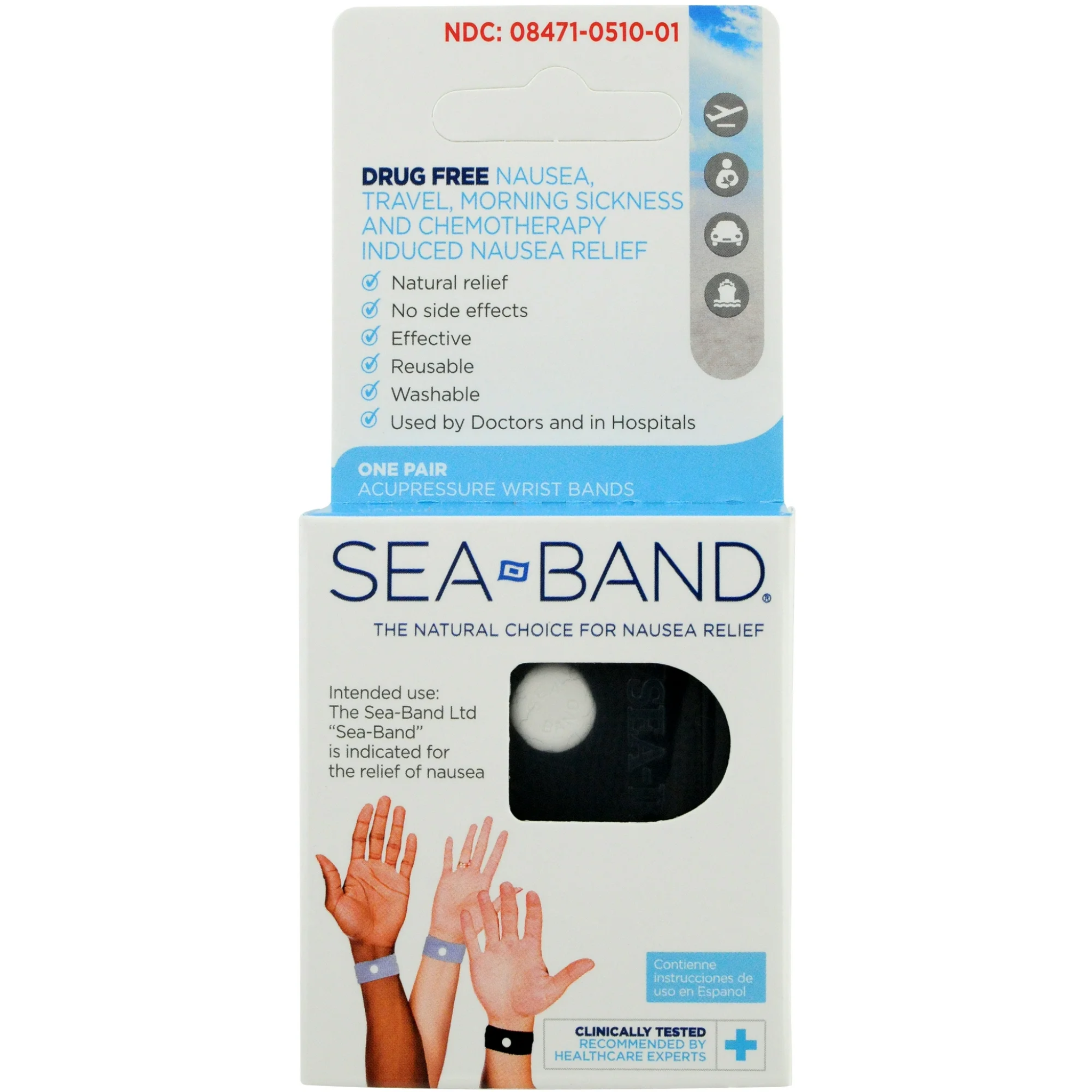 Sea-Band, Anti-Nausea Acupressure Wristband, Natural Relief for Motion and Morning Sickness, Gray, 1 Pair