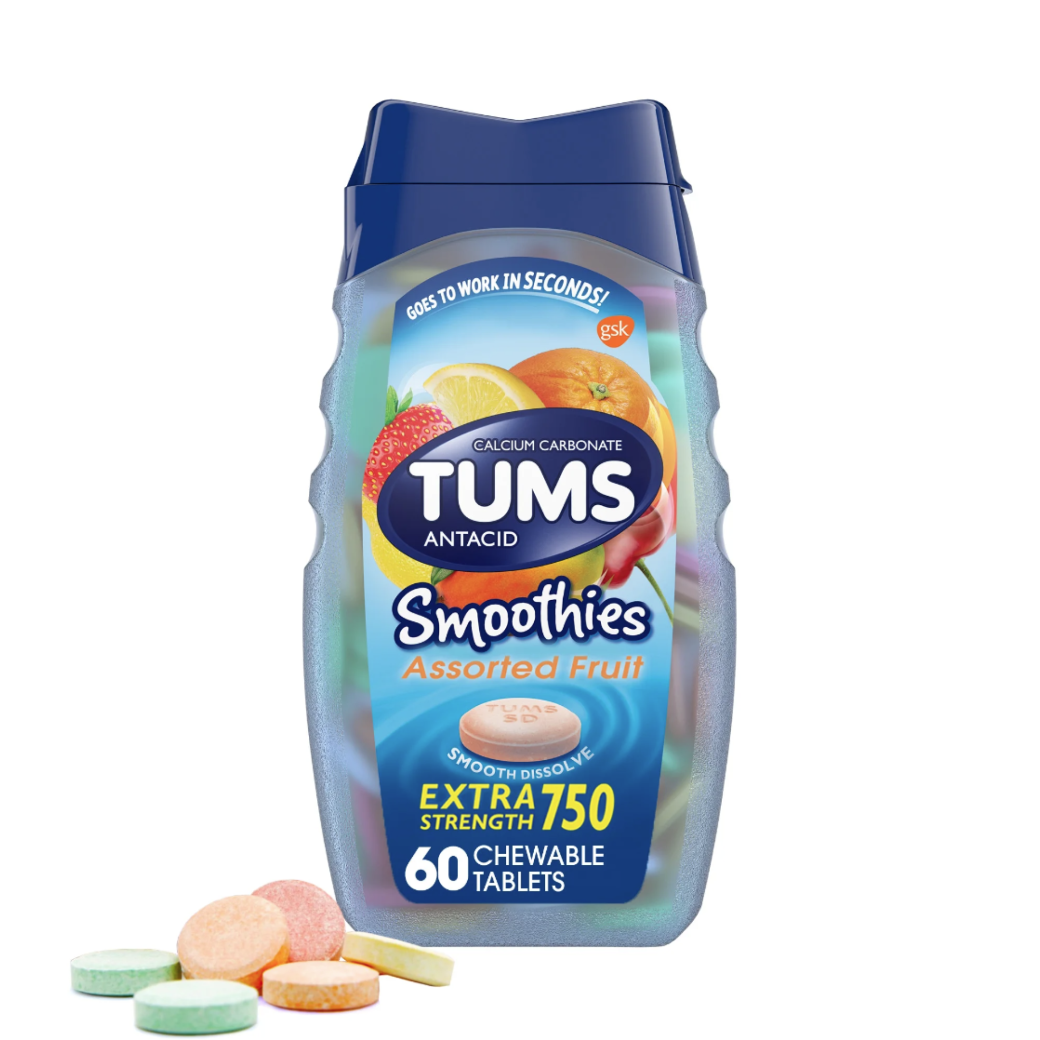 Tums Smoothies Extra Strength Heartburn Relief Antacid Tablets, Fruit, 60 Count - Pharmaful