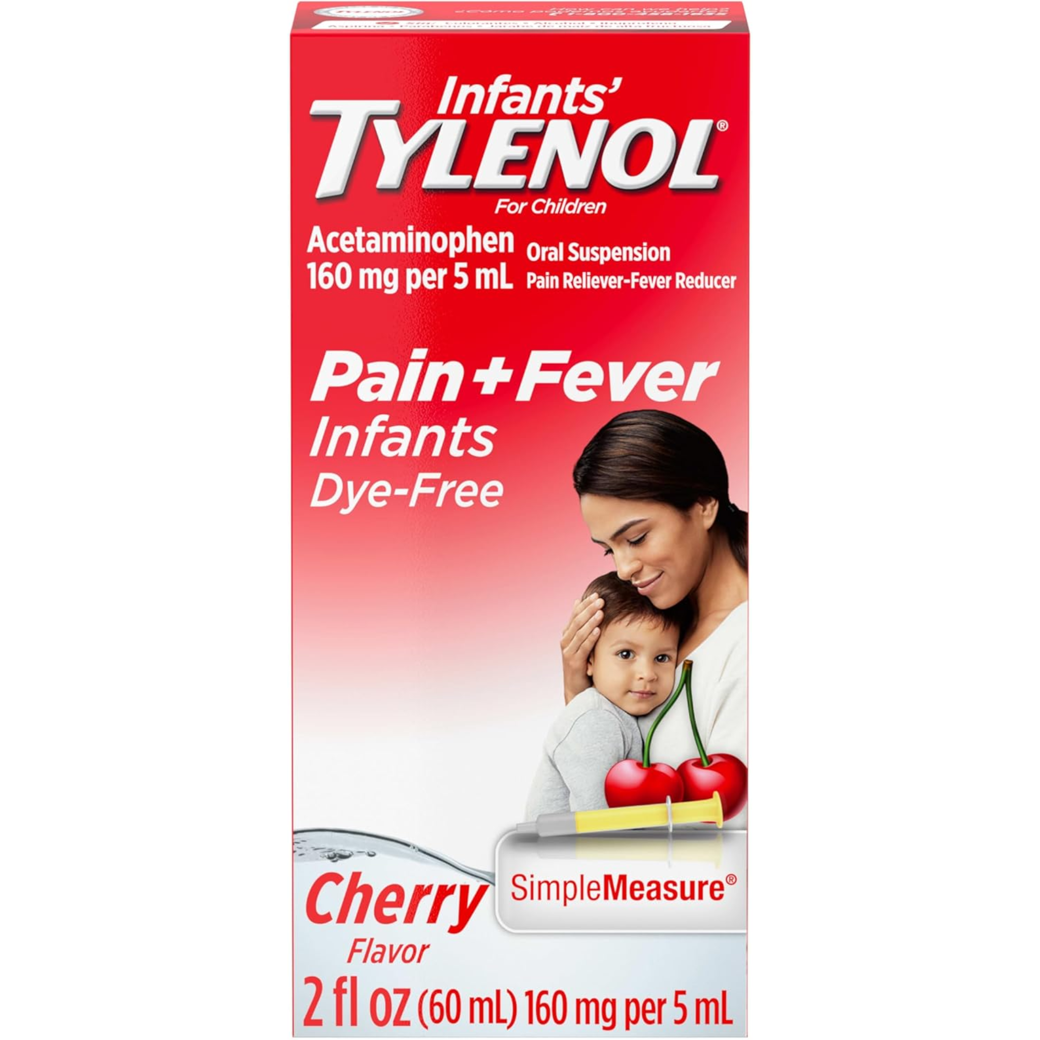 Tylenol, Infants Oral Suspension with 160 mg Acetaminophen, Pain and Fever Relief for Sore Throat, Headache, and Toothache, Dye-Free Cherry Flavor, 2 fl oz