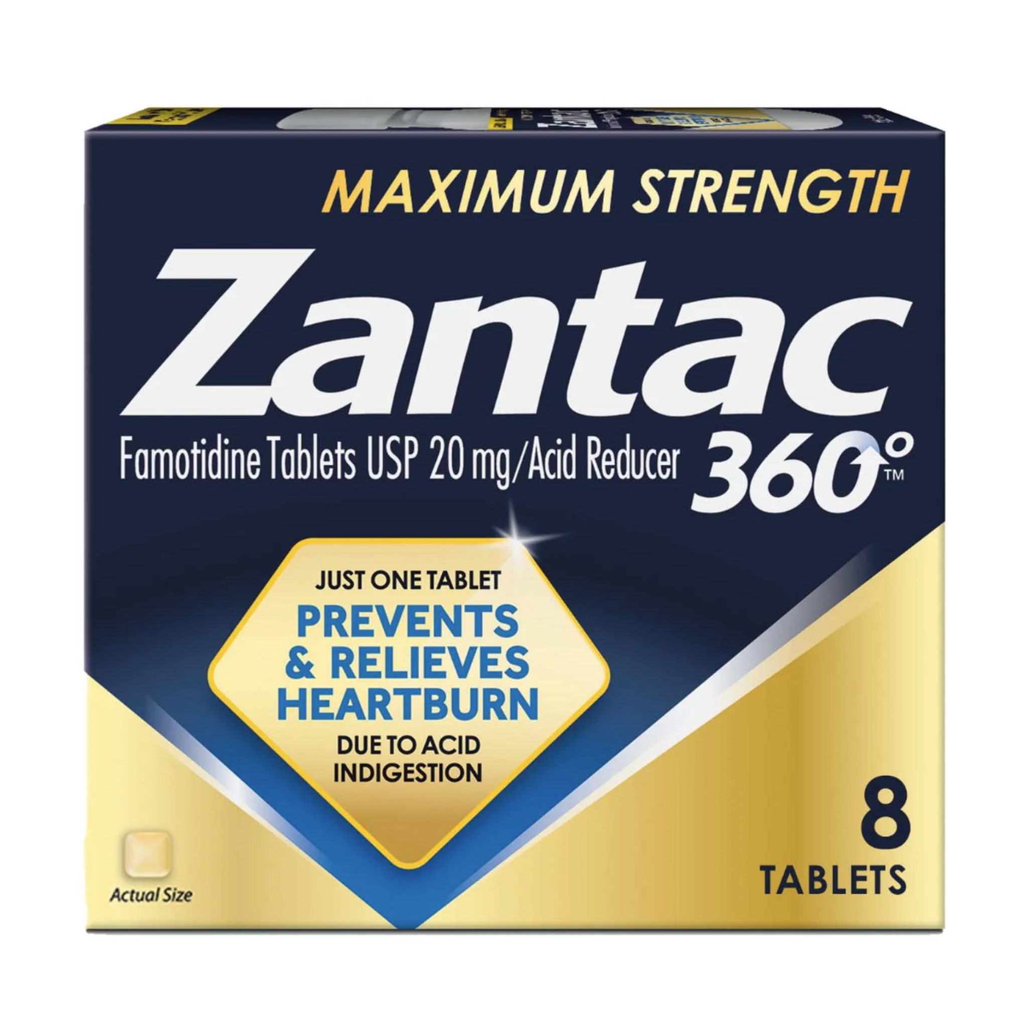 Zantac 360 Maximum Strength Prevents & Relieves Heartburn with 20mg Famotidine USP Tablets /Acid Reducer, 8 ct. - Pharmaful