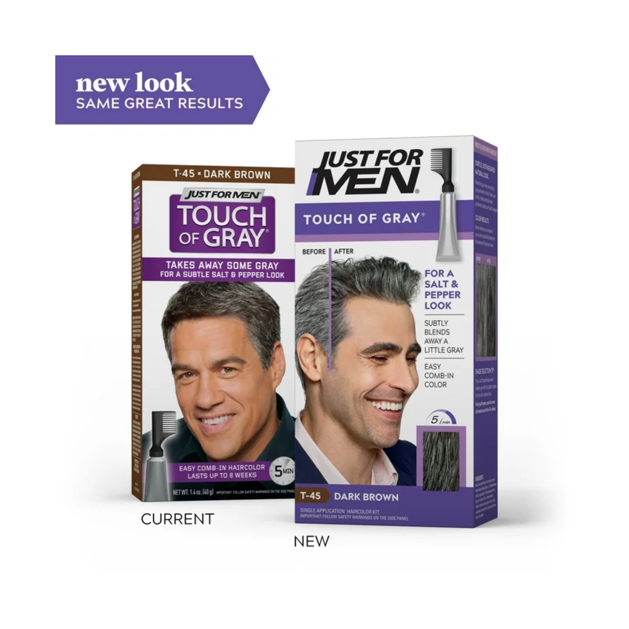 Just For Men, Touch of Gray Men’s Hair Color Kit with Comb Applicator, Easy Application for Salt and Pepper Look, Dark Brown T-45, Pack of 1