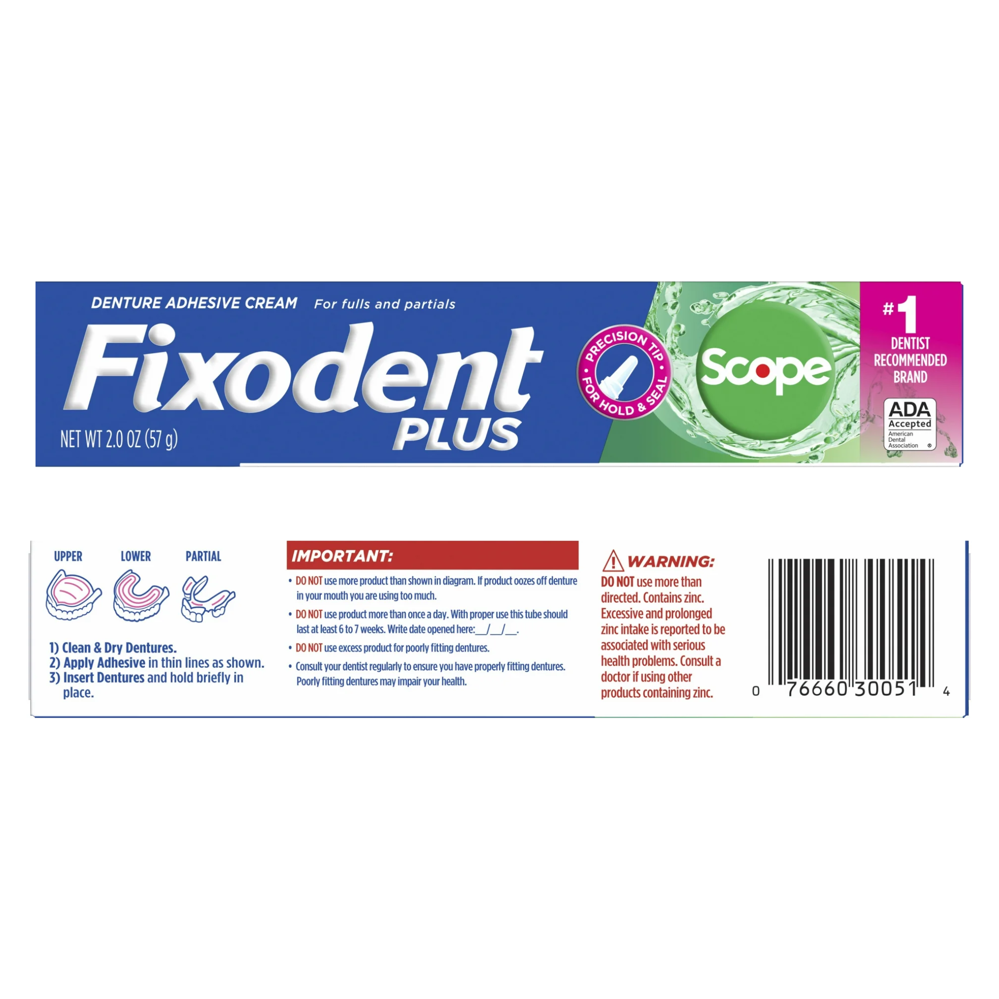 Fixodent, Plus Scope Denture Adhesive Cream, Secure Hold and Fresh Scope Flavor, 2.0 oz