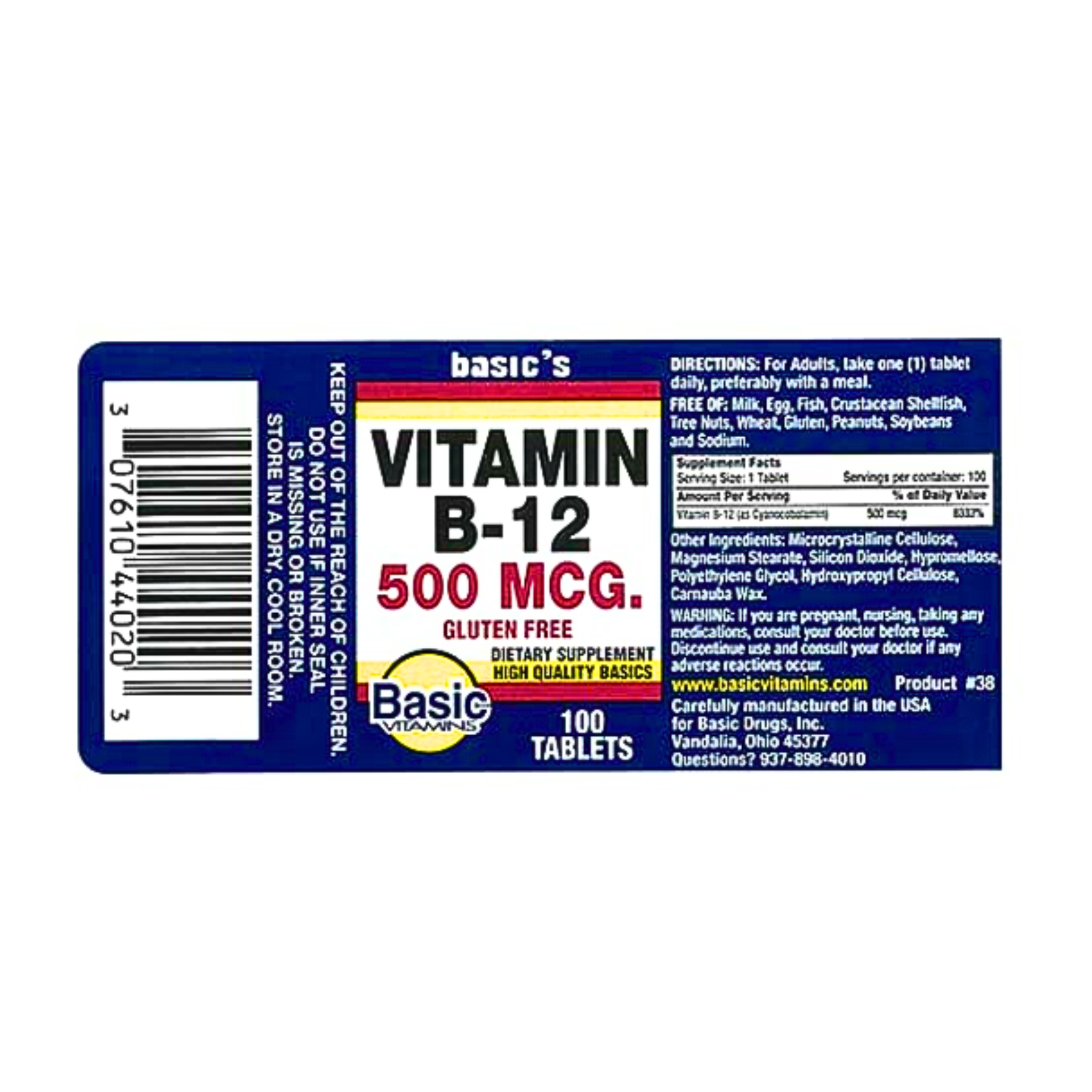 Basic Vitamins, Vitamin B-12 Tablets, 500 mcg, Supports Energy & Metabolism, 100 Count