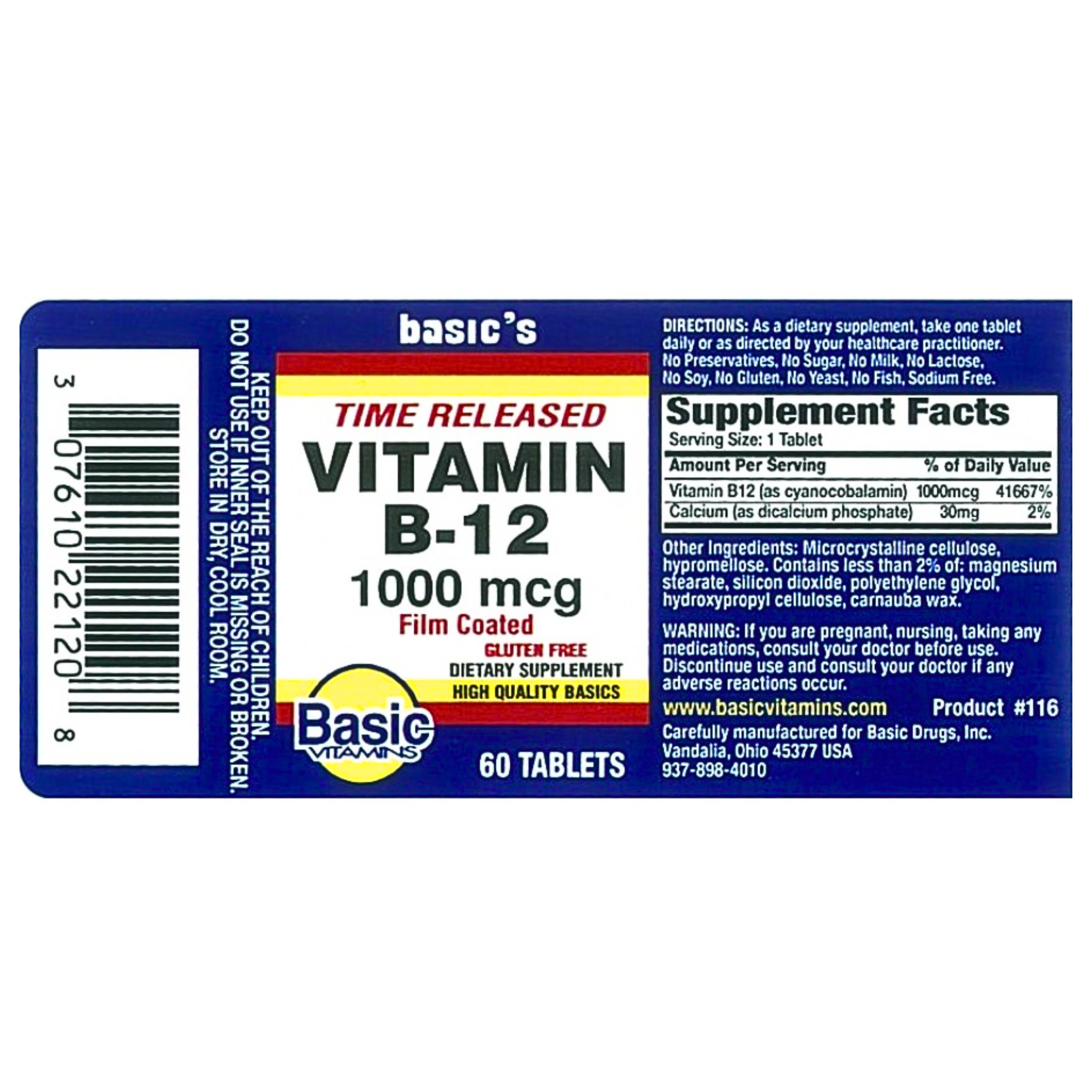 Basic Vitamins, Vitamin B-12 Tablets, 1000 mcg Time Released, Supports Energy & Red Blood Cell Production, 60 Count