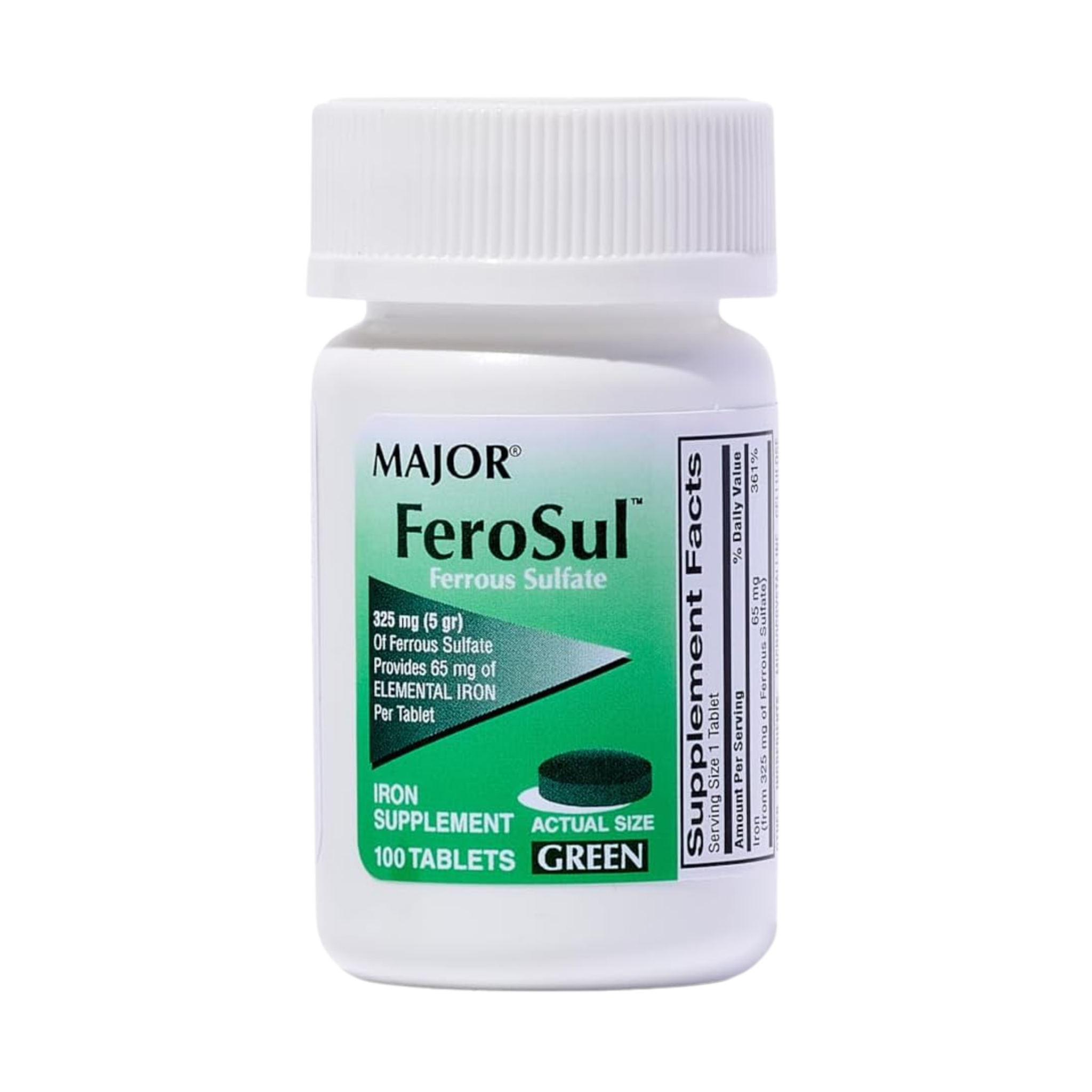 Major, FeroSul Ferrous Sulfate 325 mg, High-Potency Iron Supplement for Red Blood Cell Support, 100 Tablets