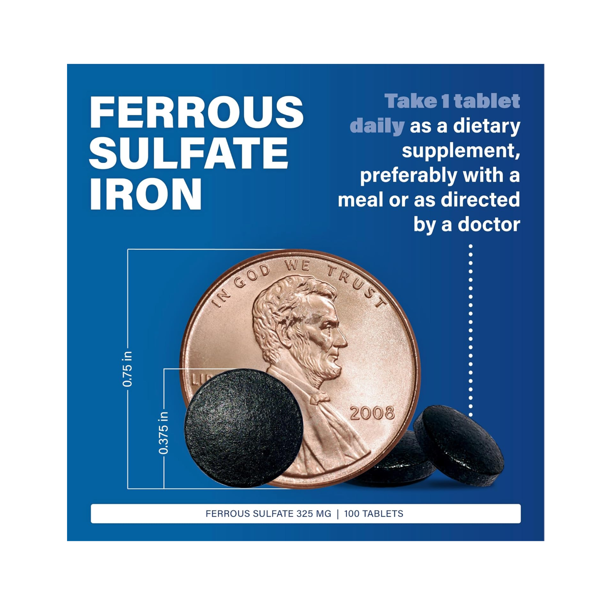 Major, FeroSul Ferrous Sulfate 325 mg, High-Potency Iron Supplement for Red Blood Cell Support, 100 Tablets