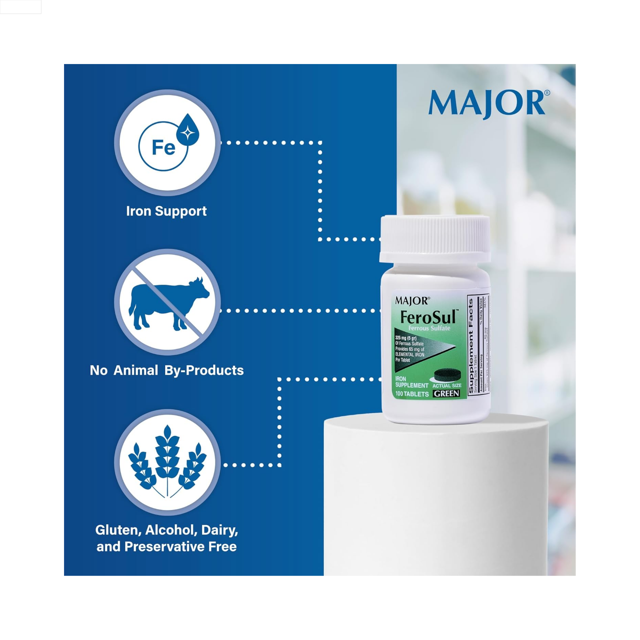 Major, FeroSul Ferrous Sulfate 325 mg, High-Potency Iron Supplement for Red Blood Cell Support, 100 Tablets