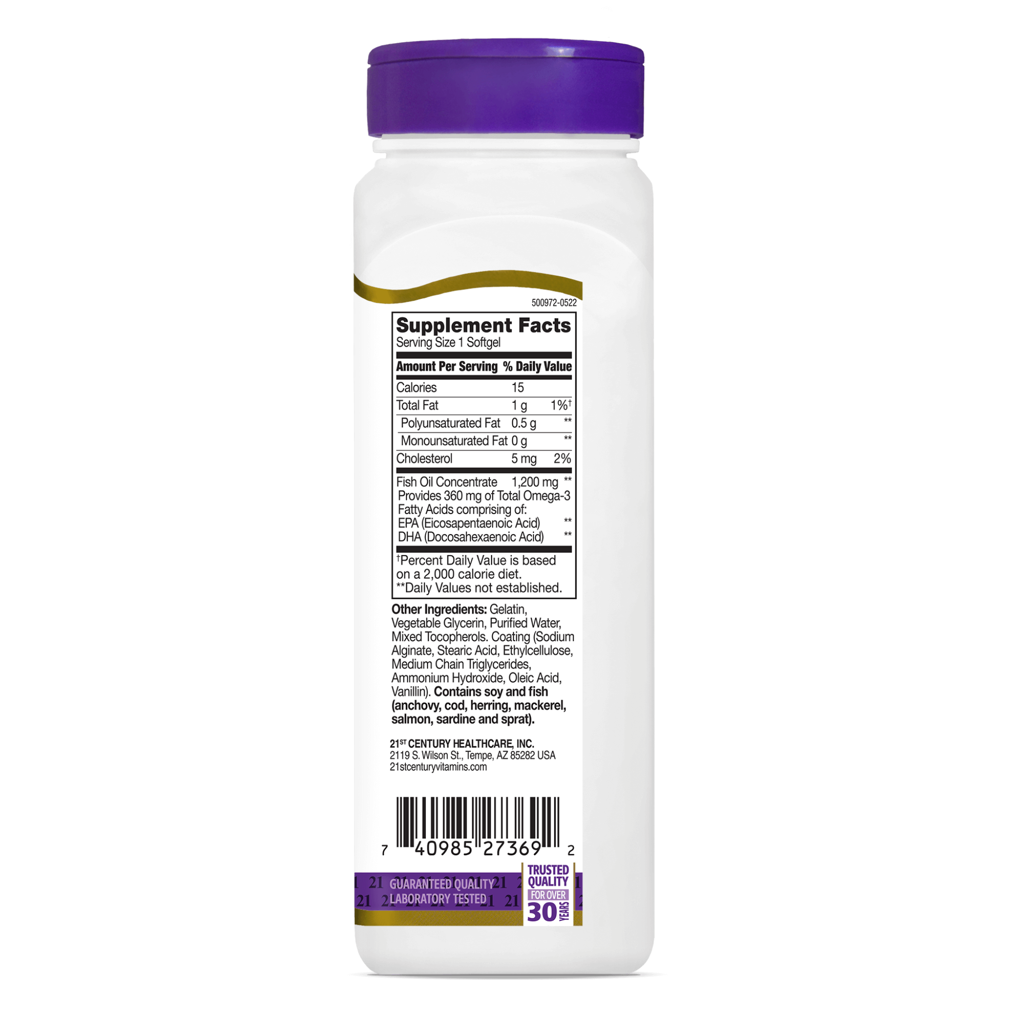 21st Century, Fish Oil 1200mg, Enteric Coated Omega-3 Softgels for Heart Health, 90 Count