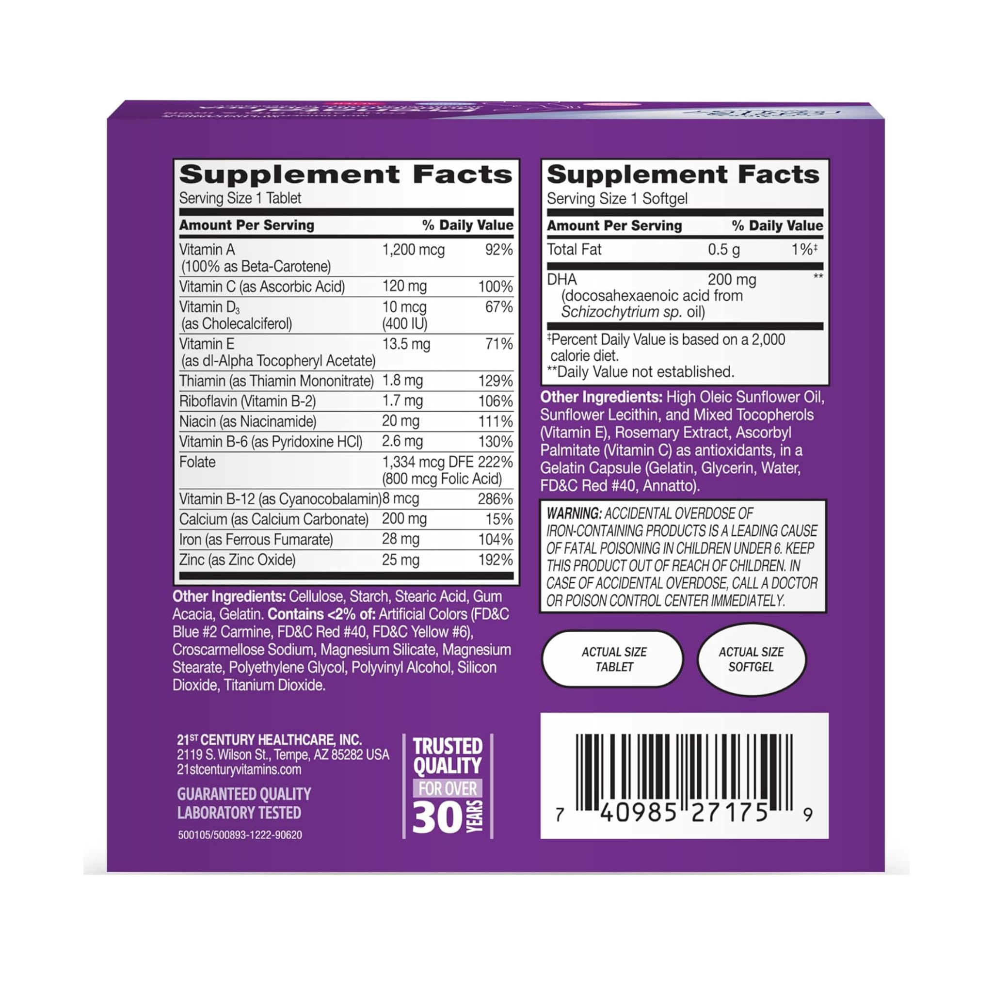 21st Century, 2-Step Prenatal Multivitamin + DHA, Essential Nutrients for Pregnancy Support, 120 Count