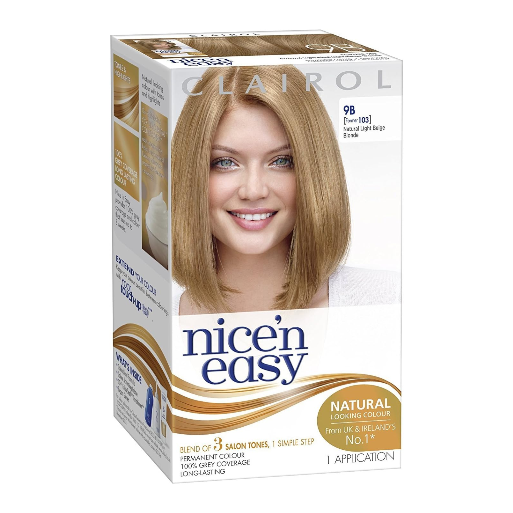 Clairol, Nice’n Easy Permanent Hair Dye, 103/9B Natural Light Beige Blonde, Natural-Looking Color with ColorBlend Technology, 1 Kit