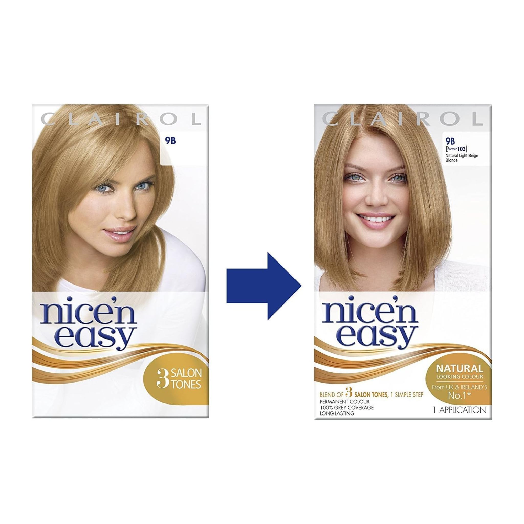 Clairol, Nice’n Easy Permanent Hair Dye, 103/9B Natural Light Beige Blonde, Natural-Looking Color with ColorBlend Technology, 1 Kit