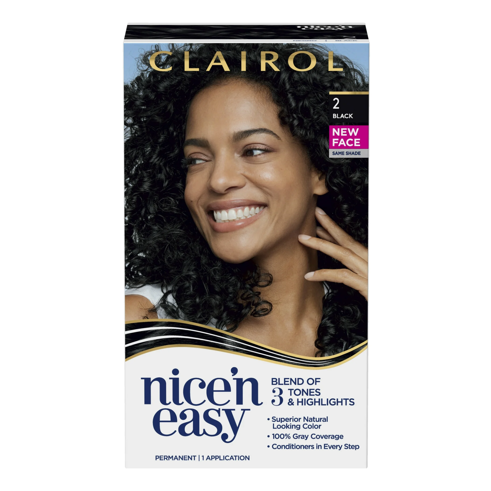 Clairol, Nice’n Easy Permanent Hair Color, Natural Black 2, Long-Lasting Gray Coverage with ColorBlend Technology, 1 Kit
