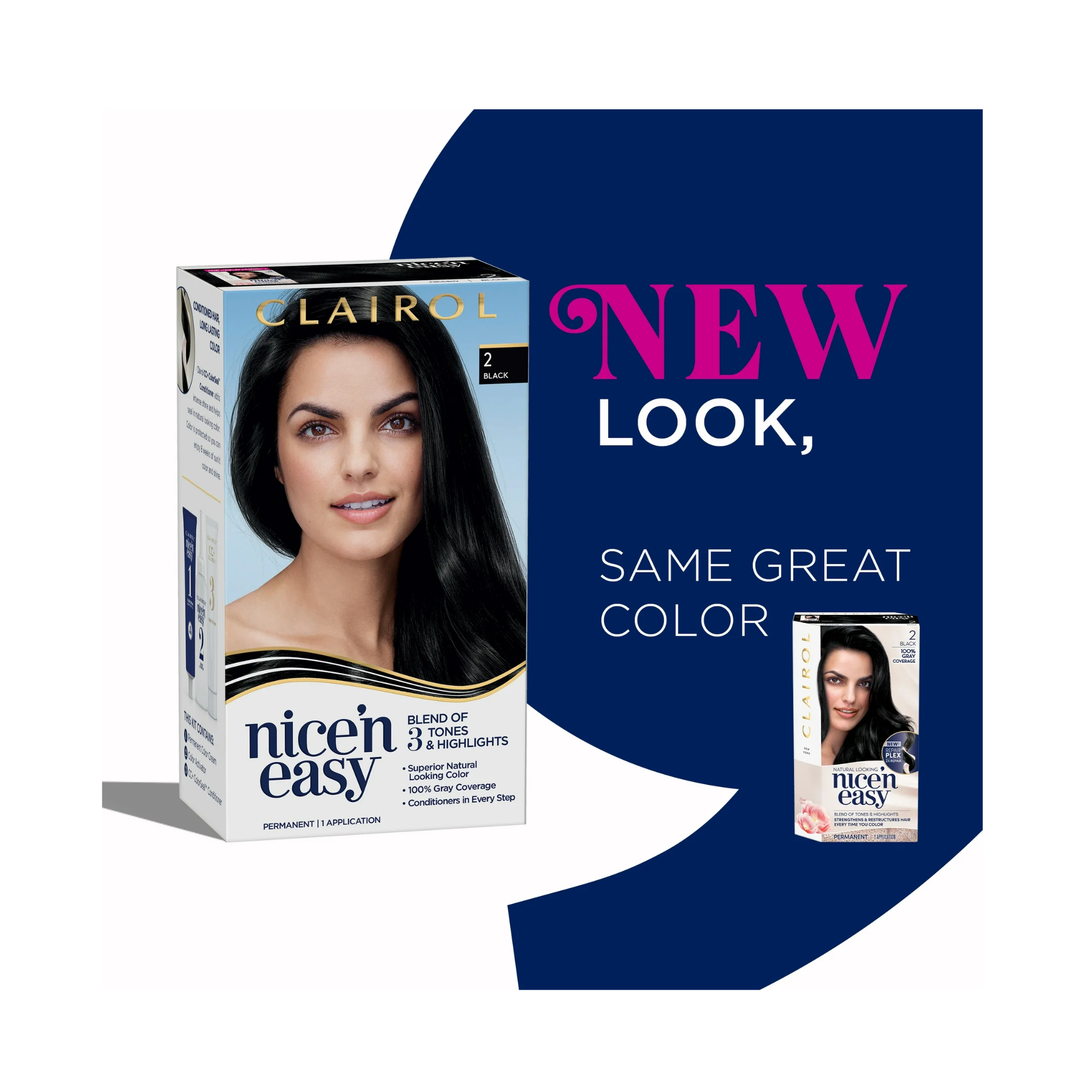 Clairol, Nice’n Easy Permanent Hair Color, Natural Black 2, Long-Lasting Gray Coverage with ColorBlend Technology, 1 Kit - Pharmaful