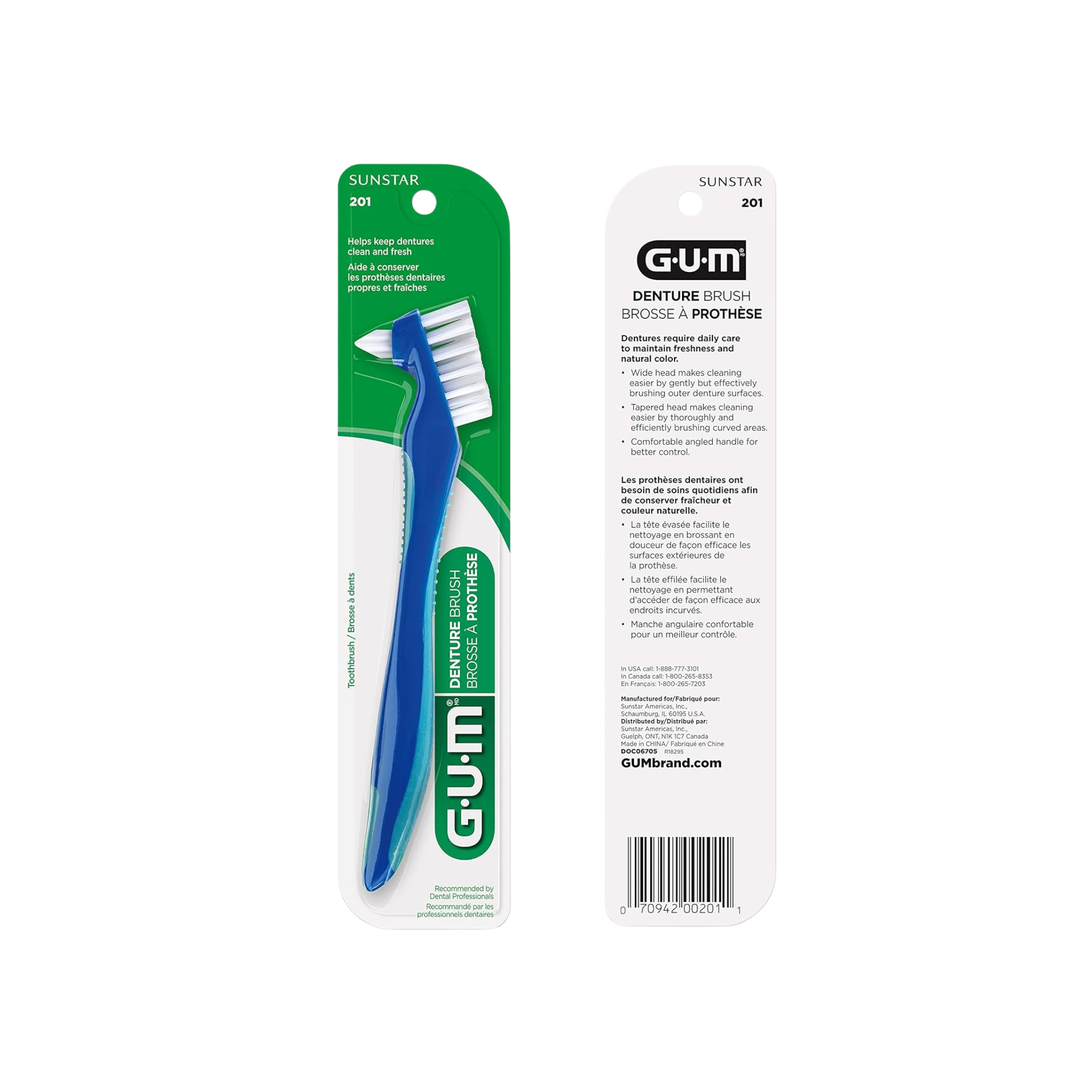 GUM, Denture Brush, Dual-Action Cleaning for Dentures and Partials, 1 Each